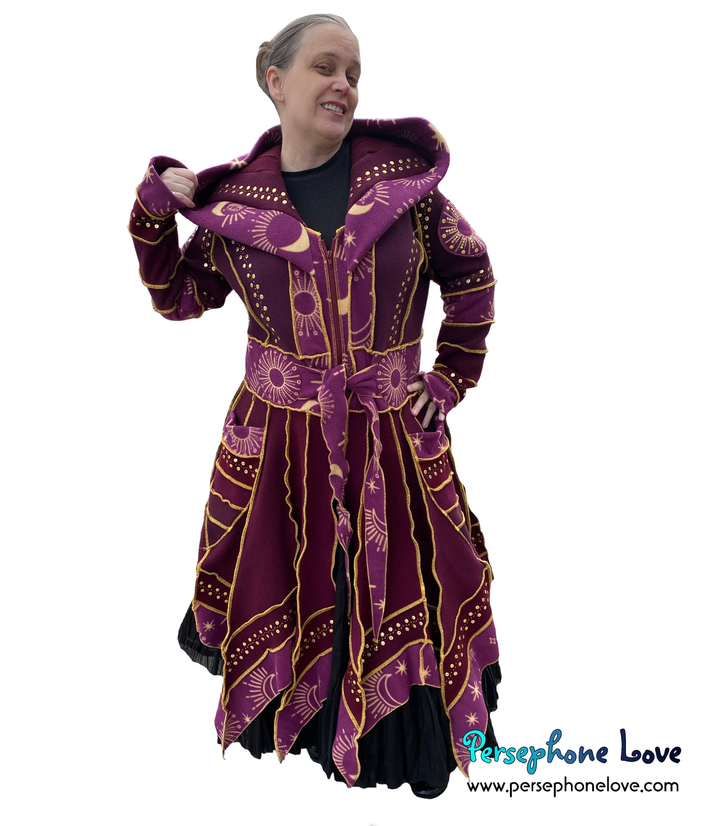 "Sitting on the Moon" magenta celestial pixie felted 100% cashmere/fleece Katwise-inspired sequin sweatercoat-2581