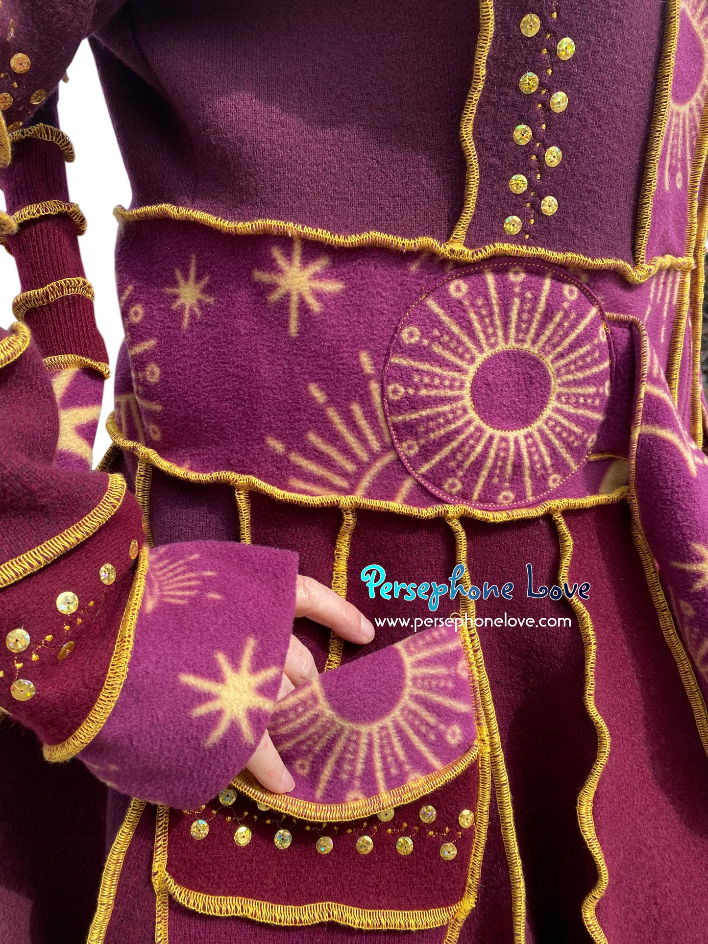 "Sitting on the Moon" magenta celestial pixie felted 100% cashmere/fleece Katwise-inspired sequin sweatercoat-2581