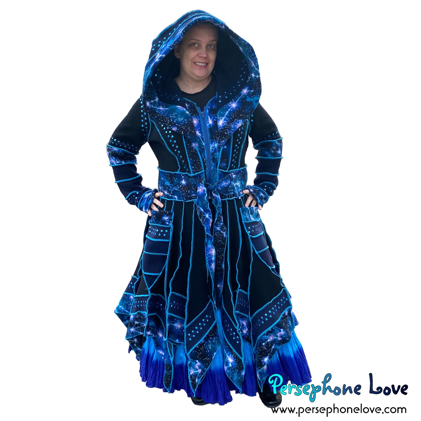 "Starlight" black and blue celestial pixie felted 100% cashmere/fleece Katwise-inspired sequin sweatercoat-2582