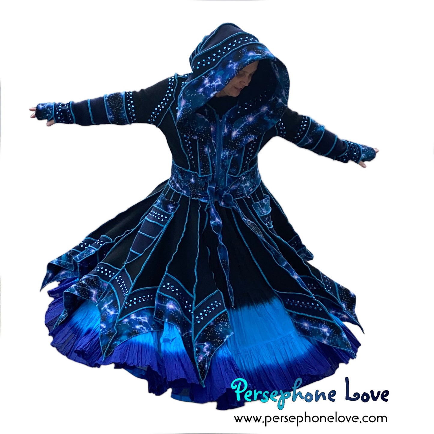 "Starlight" black and blue celestial pixie felted 100% cashmere/fleece Katwise-inspired sequin sweatercoat-2582