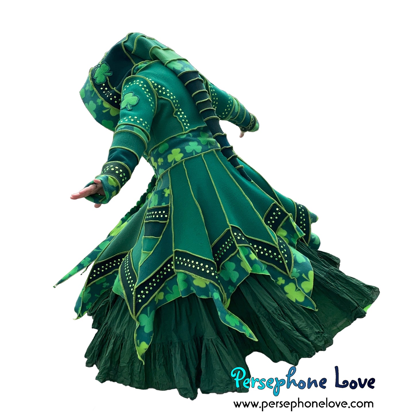 "Aria" Green elf machine-felted wool/cashmere Katwise-inspired patchwork sweatercoat-2583