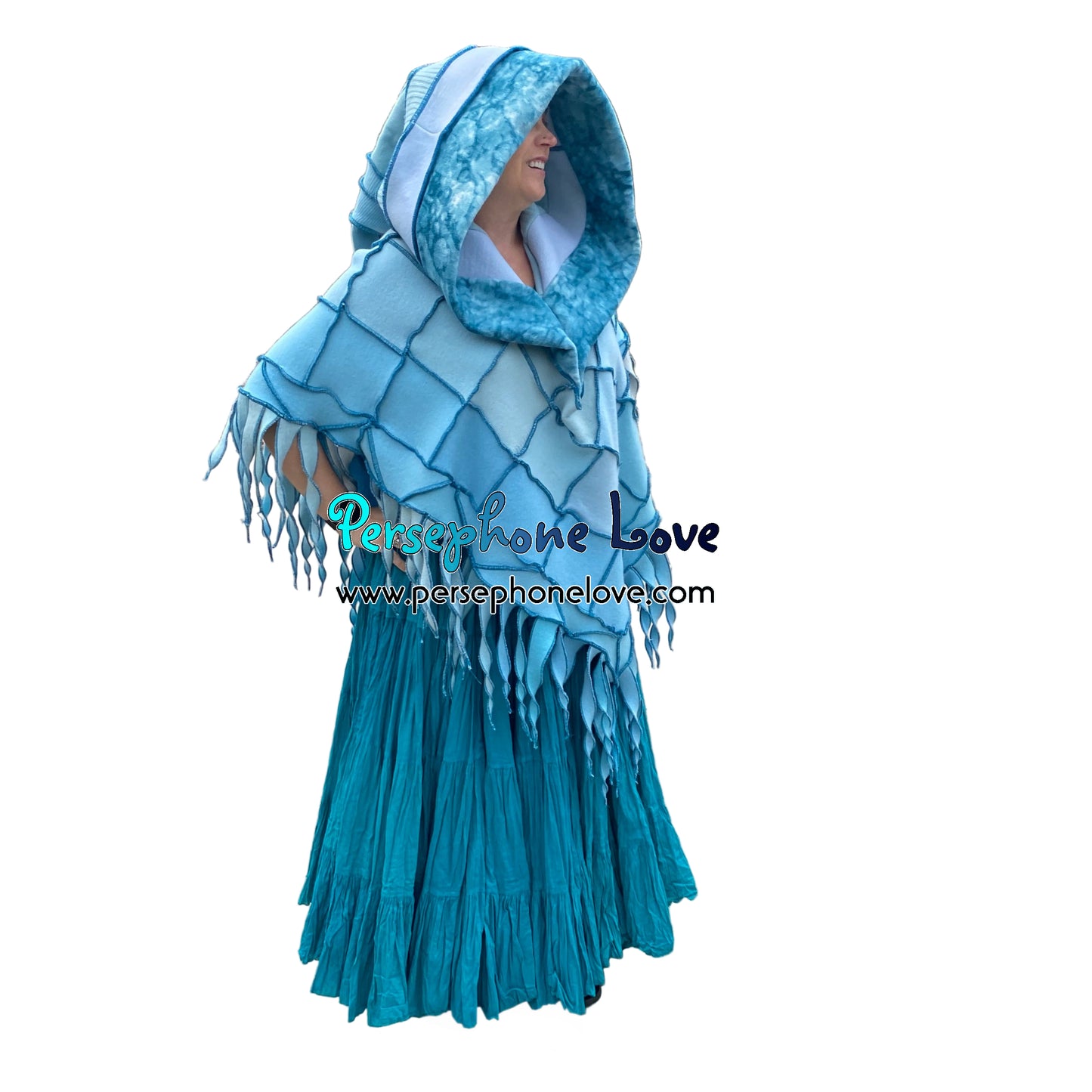 "You Belong" Light teal patchwork felted cashmere/fleece hooded poncho-2587