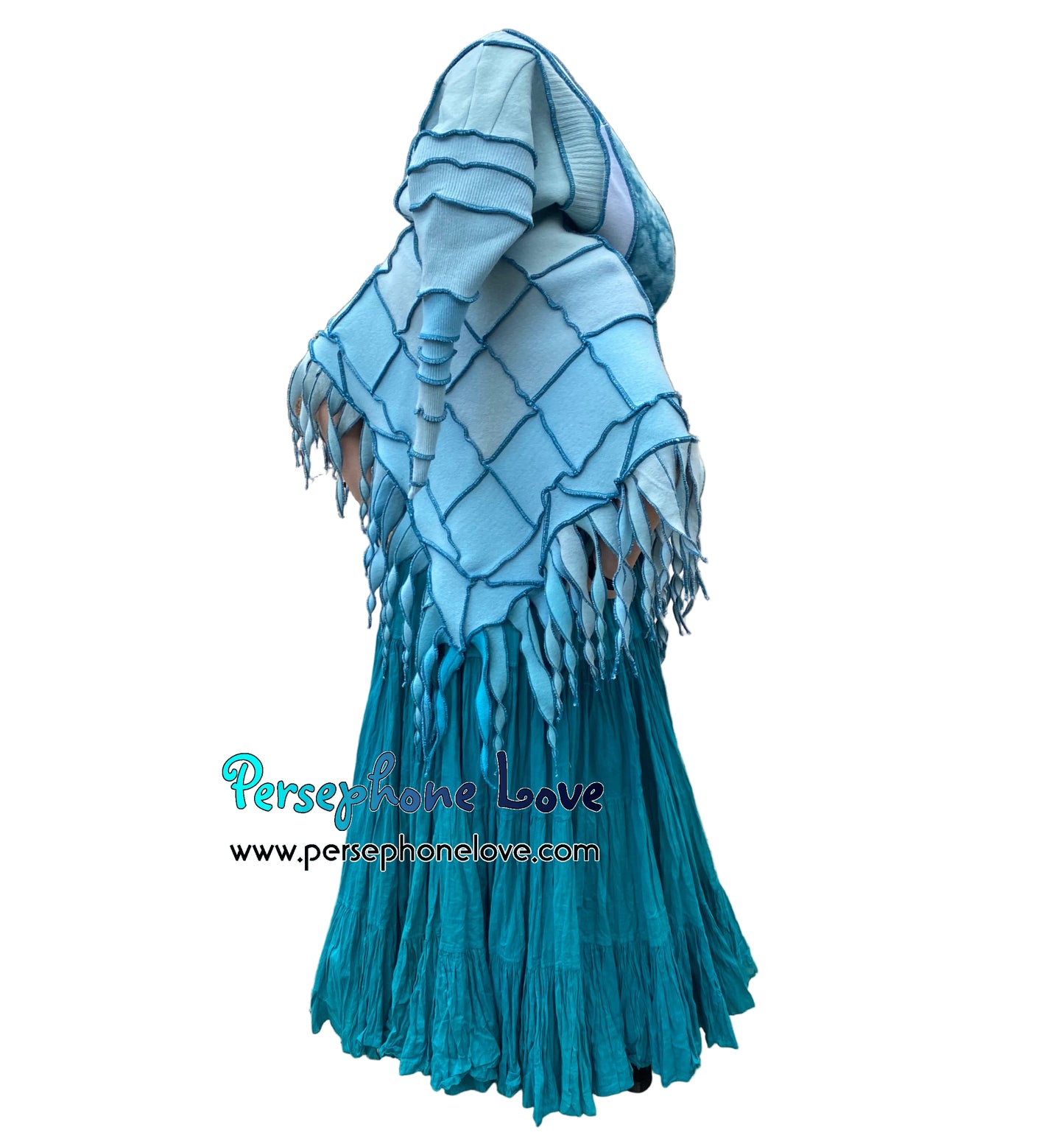 "You Belong" Light teal patchwork felted cashmere/fleece hooded poncho-2587