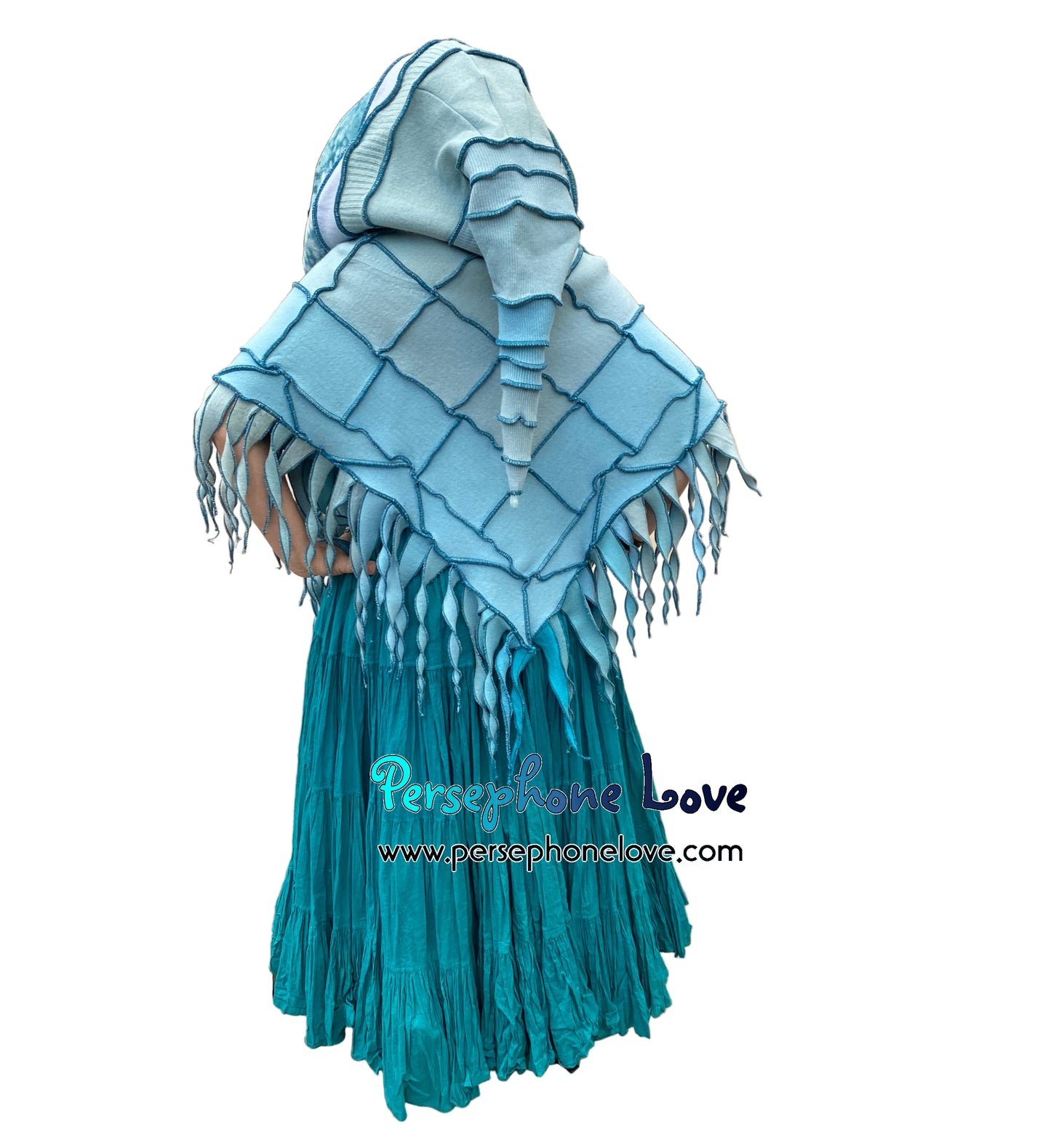 "You Belong" Light teal patchwork felted cashmere/fleece hooded poncho-2587