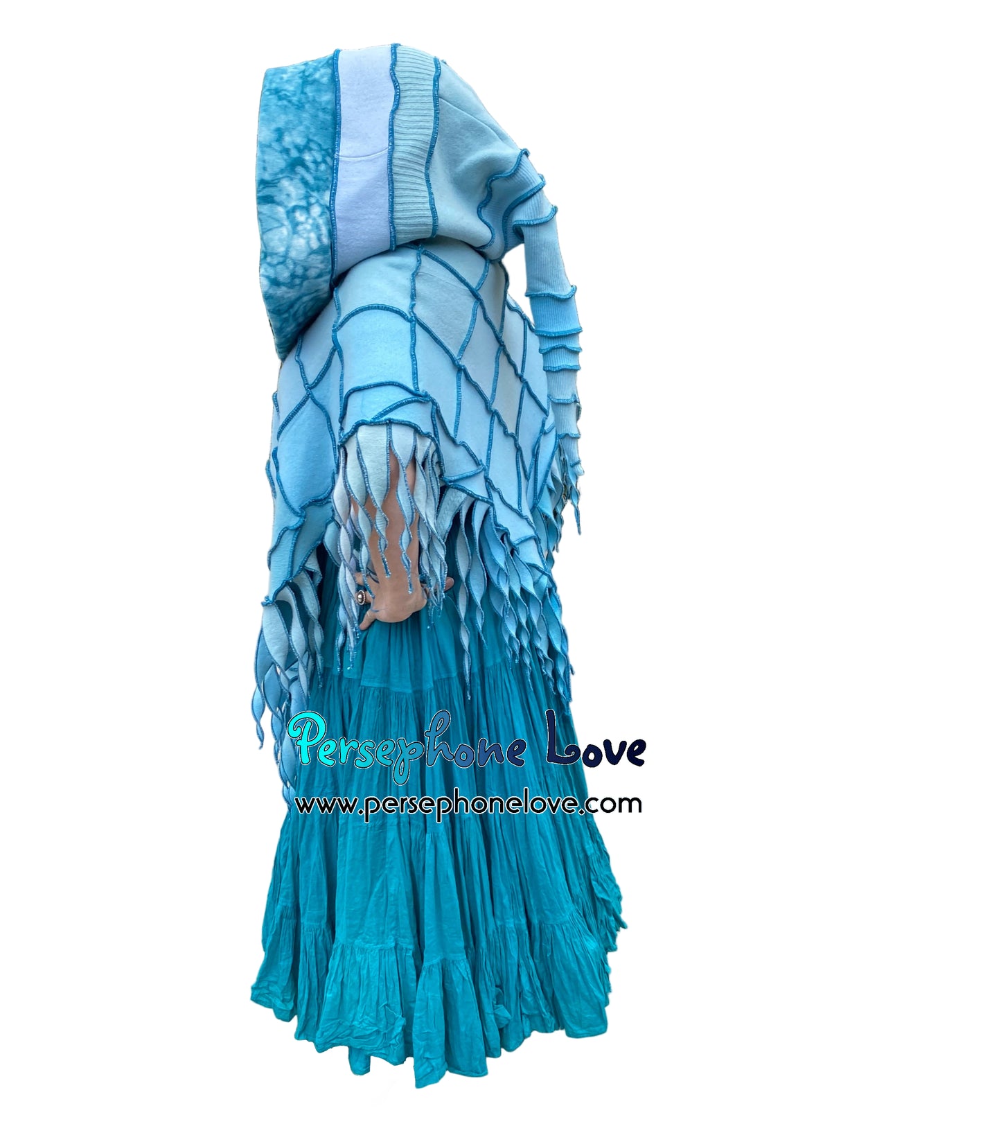 "You Belong" Light teal patchwork felted cashmere/fleece hooded poncho-2587