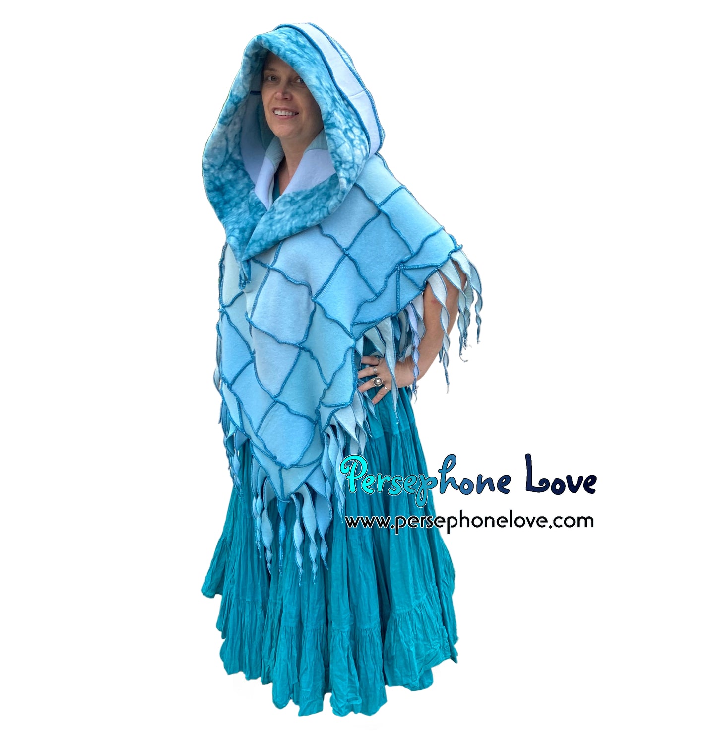 "You Belong" Light teal patchwork felted cashmere/fleece hooded poncho-2587