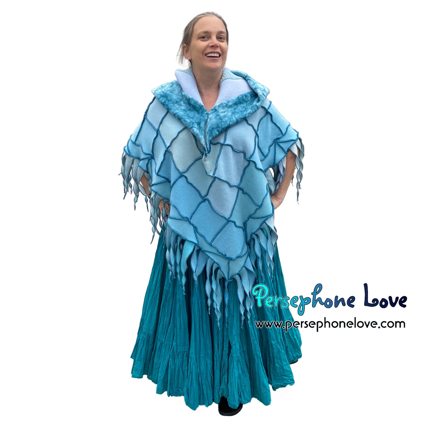 "You Belong" Light teal patchwork felted cashmere/fleece hooded poncho-2587