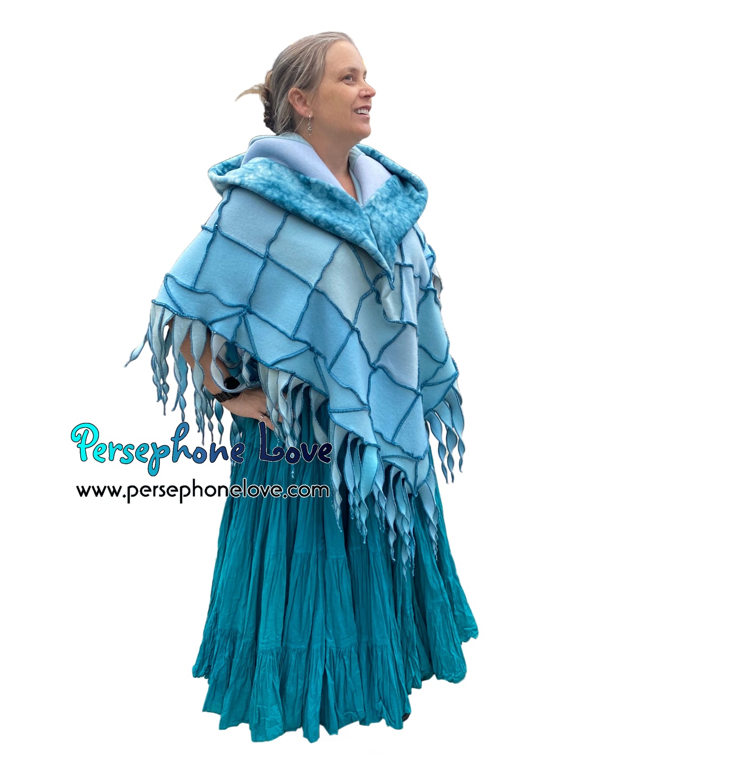 "You Belong" Light teal patchwork felted cashmere/fleece hooded poncho-2587