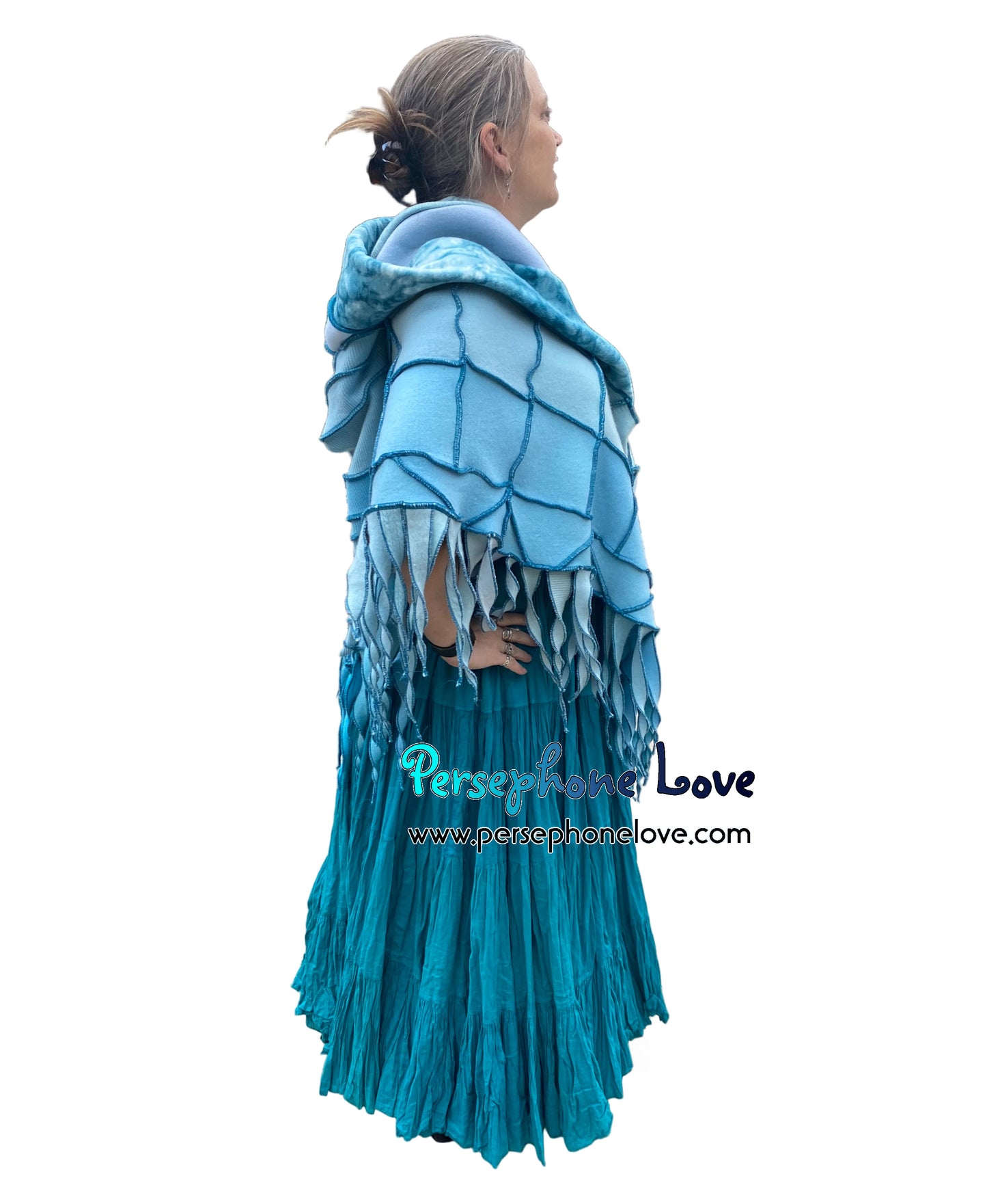 "You Belong" Light teal patchwork felted cashmere/fleece hooded poncho-2587