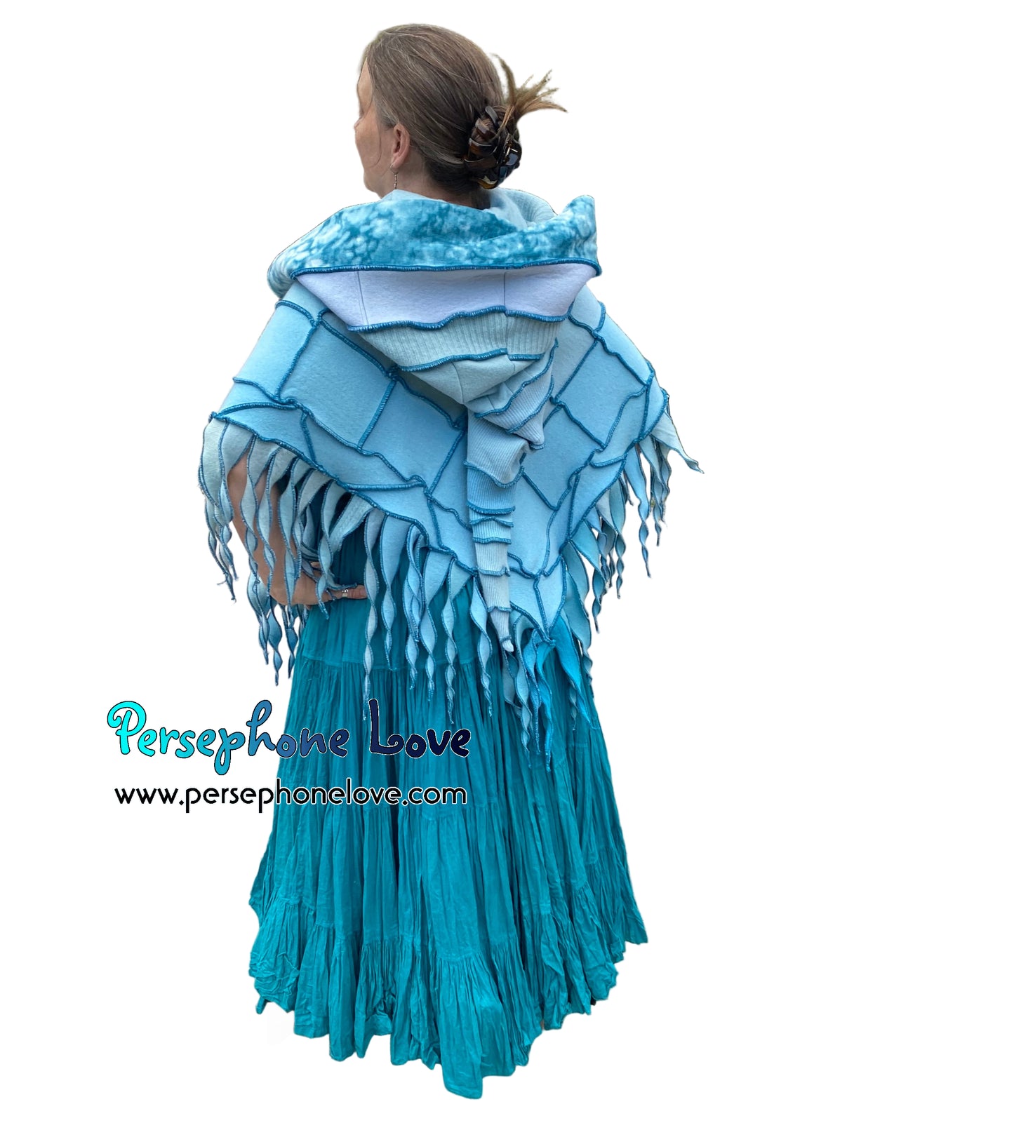 "You Belong" Light teal patchwork felted cashmere/fleece hooded poncho-2587
