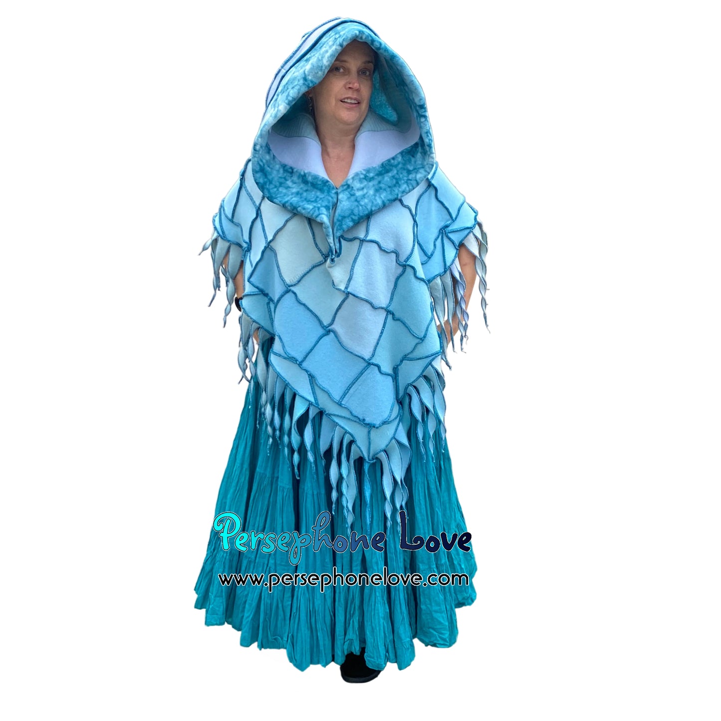 "You Belong" Light teal patchwork felted cashmere/fleece hooded poncho-2587