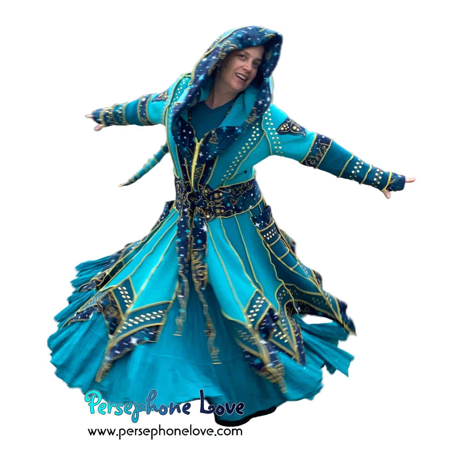 "Monarch" Teal pixie felted cashmere/fleece Katwise-inspired sequin sweatercoat-2588