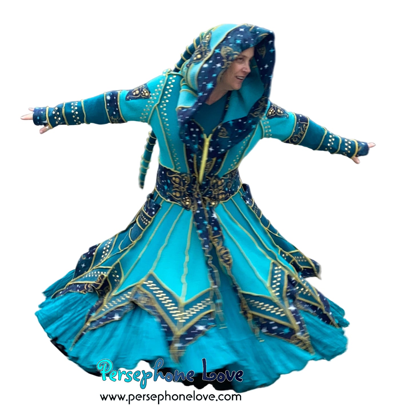 "Monarch" Teal pixie felted cashmere/fleece Katwise-inspired sequin sweatercoat-2588