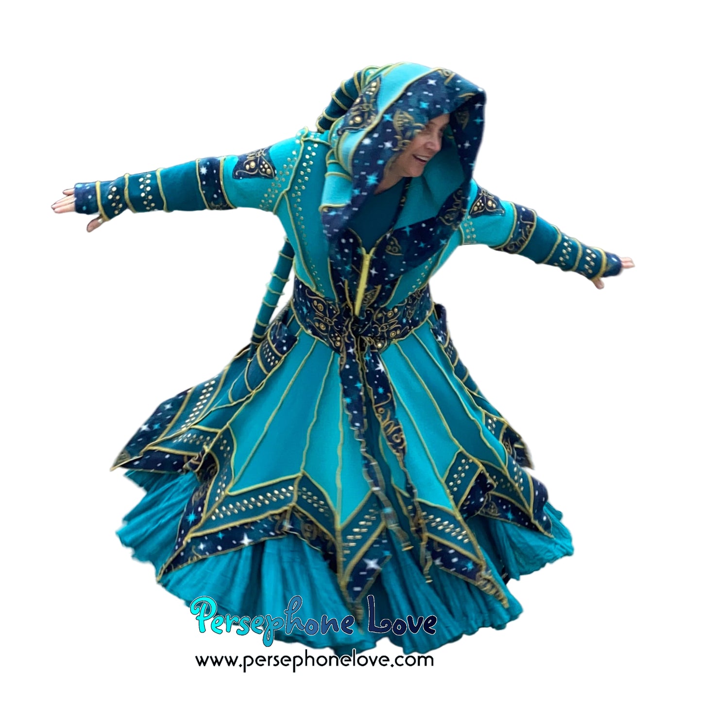 "Monarch" Teal pixie felted cashmere/fleece Katwise-inspired sequin sweatercoat-2588