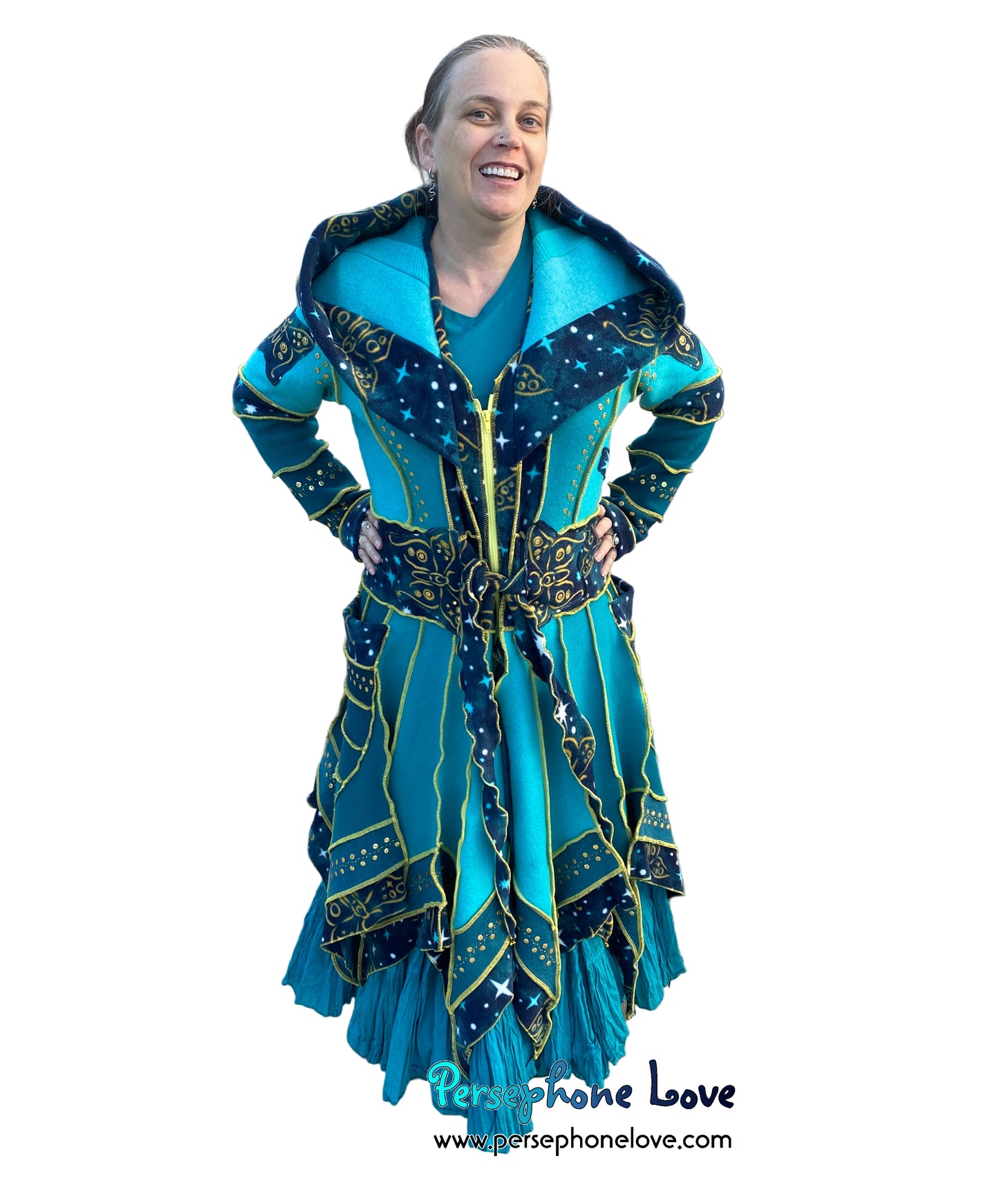 "Monarch" Teal pixie felted cashmere/fleece Katwise-inspired sequin sweatercoat-2588