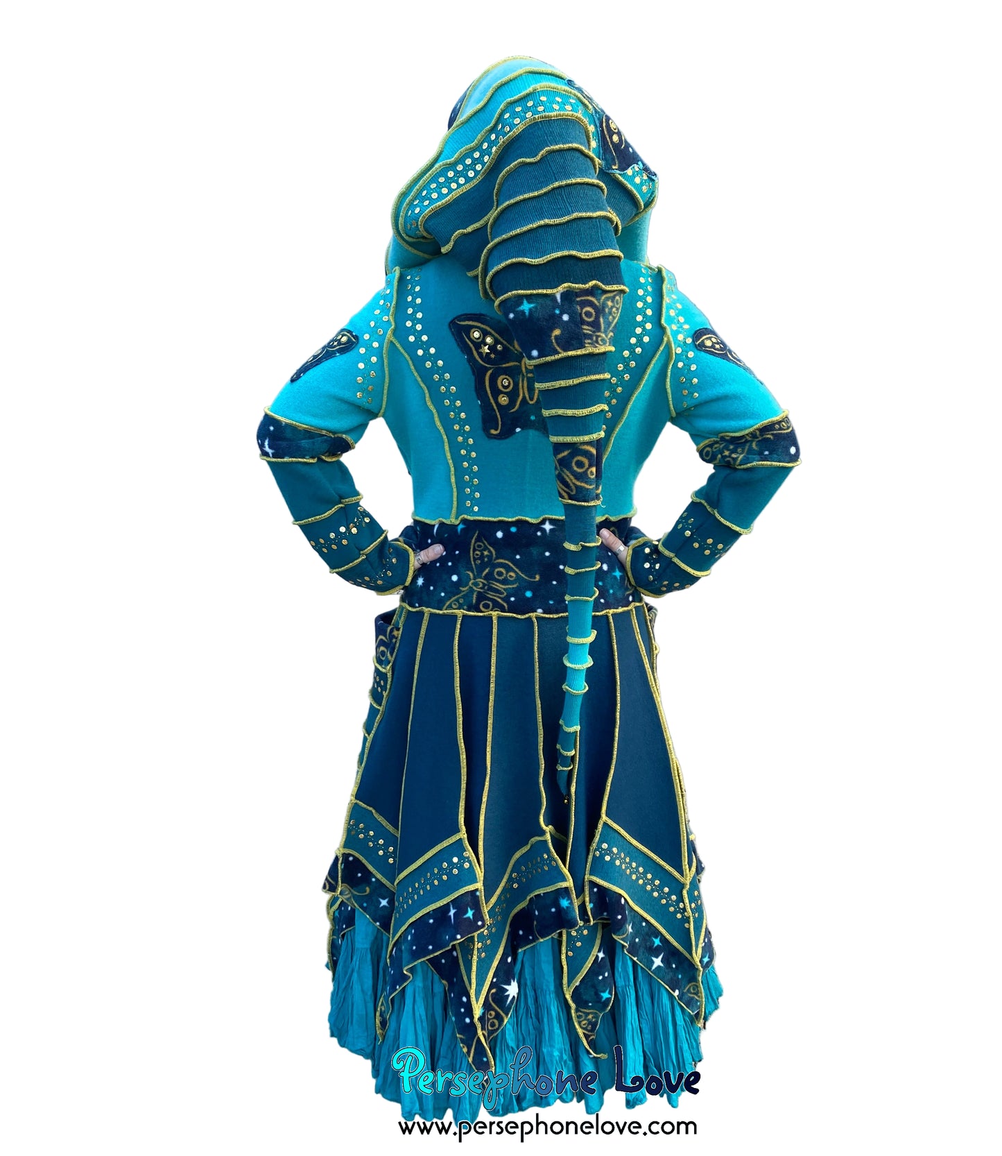 "Monarch" Teal pixie felted cashmere/fleece Katwise-inspired sequin sweatercoat-2588
