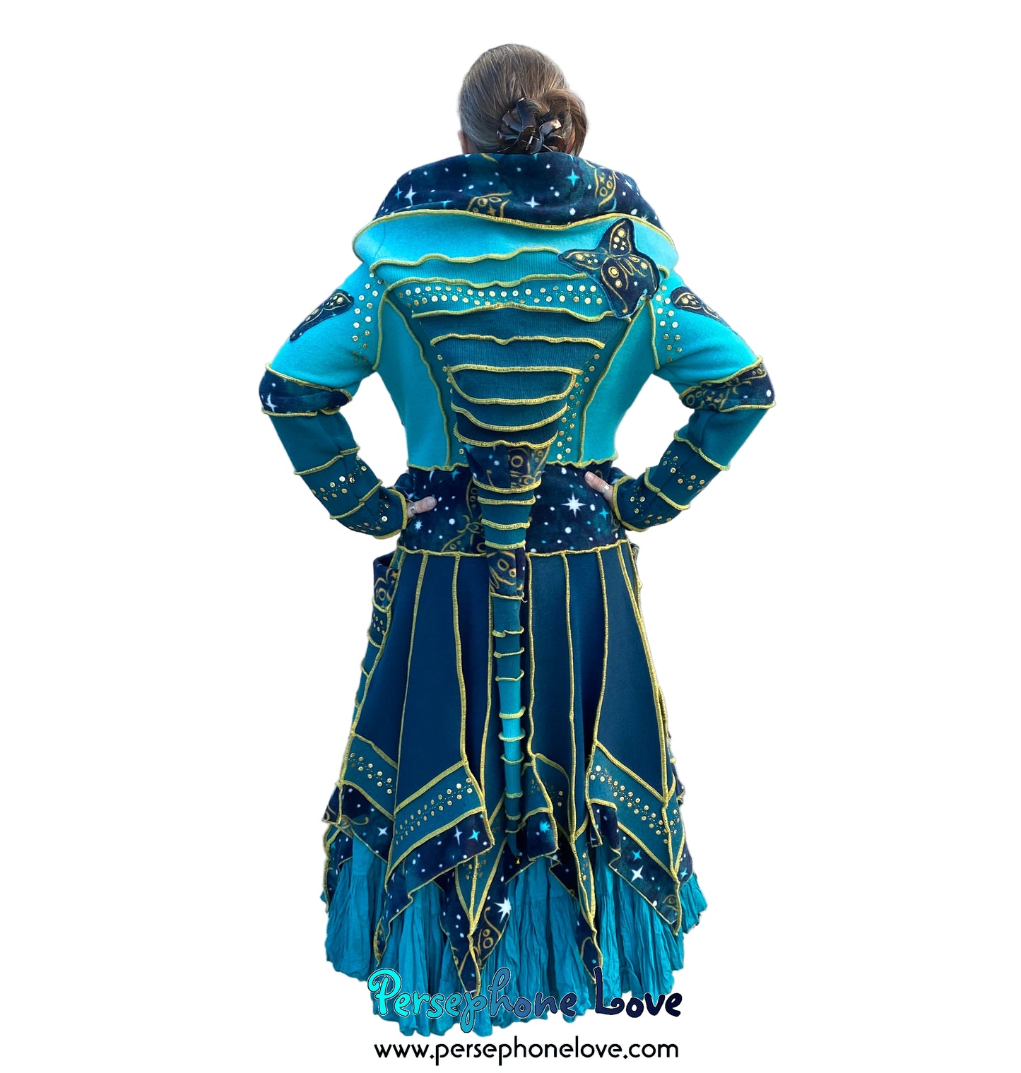 "Monarch" Teal pixie felted cashmere/fleece Katwise-inspired sequin sweatercoat-2588