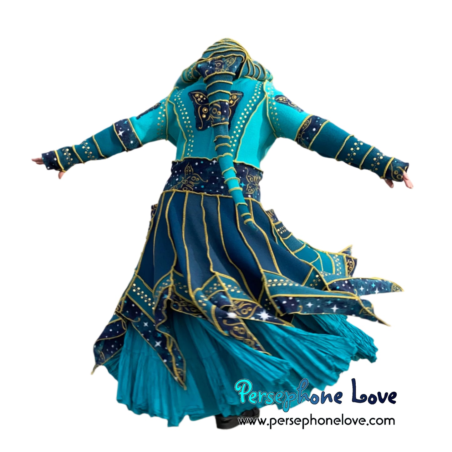"Monarch" Teal pixie felted cashmere/fleece Katwise-inspired sequin sweatercoat-2588