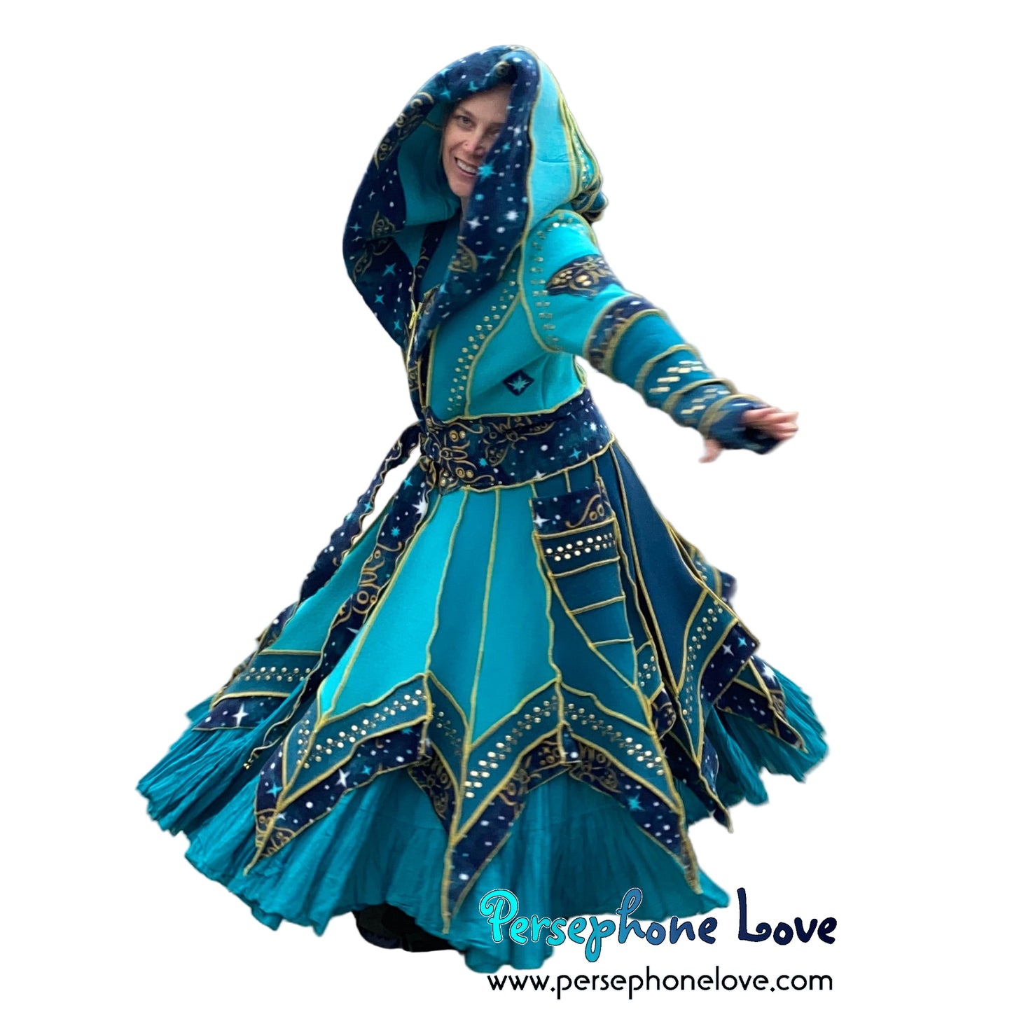 "Monarch" Teal pixie felted cashmere/fleece Katwise-inspired sequin sweatercoat-2588