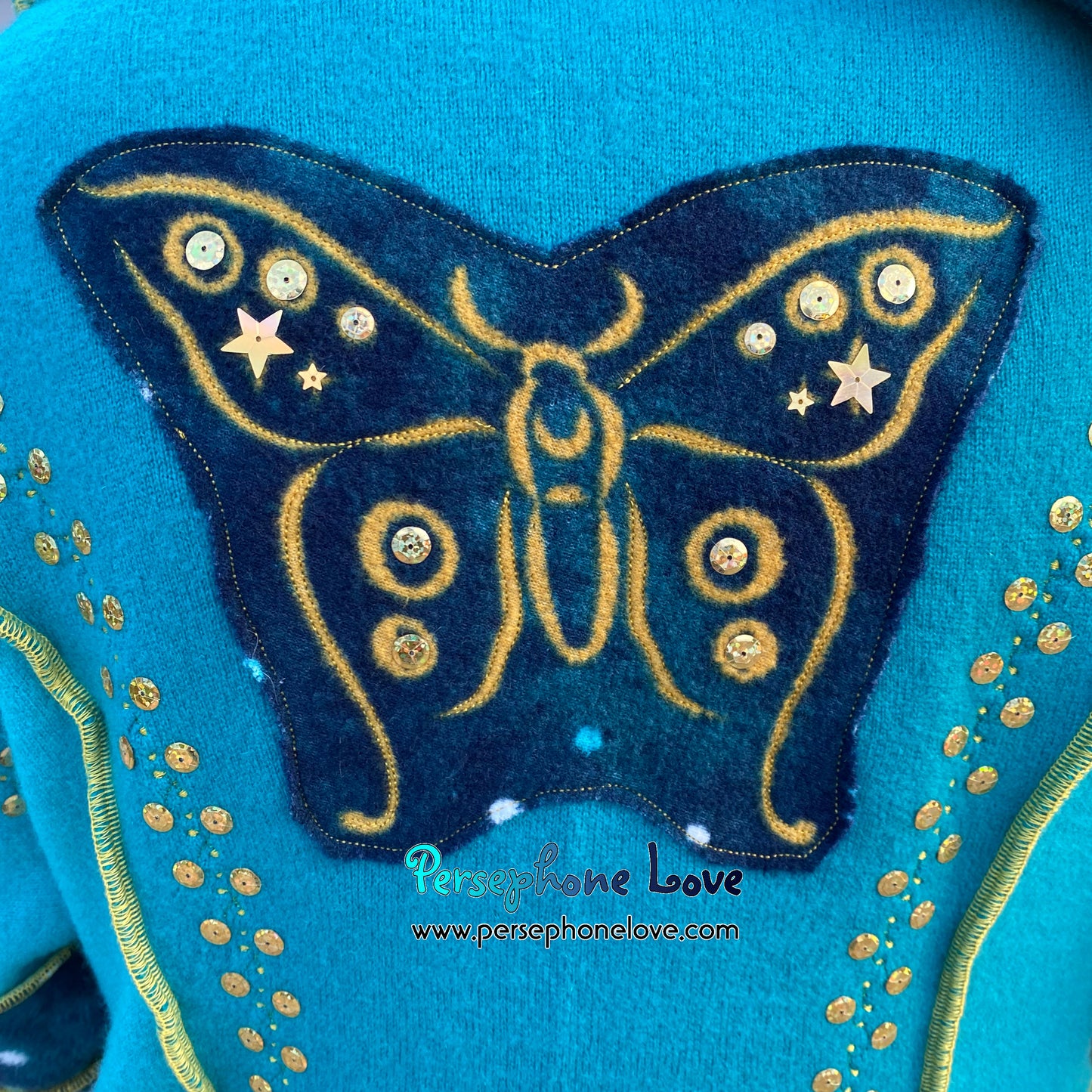"Monarch" Teal pixie felted cashmere/fleece Katwise-inspired sequin sweatercoat-2588
