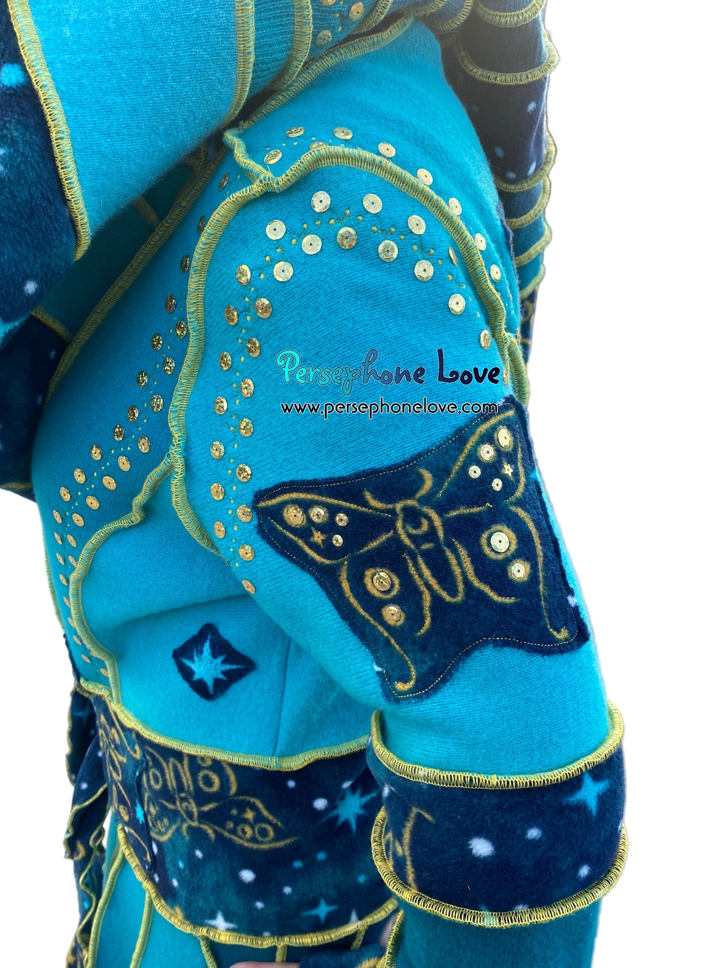 "Monarch" Teal pixie felted cashmere/fleece Katwise-inspired sequin sweatercoat-2588