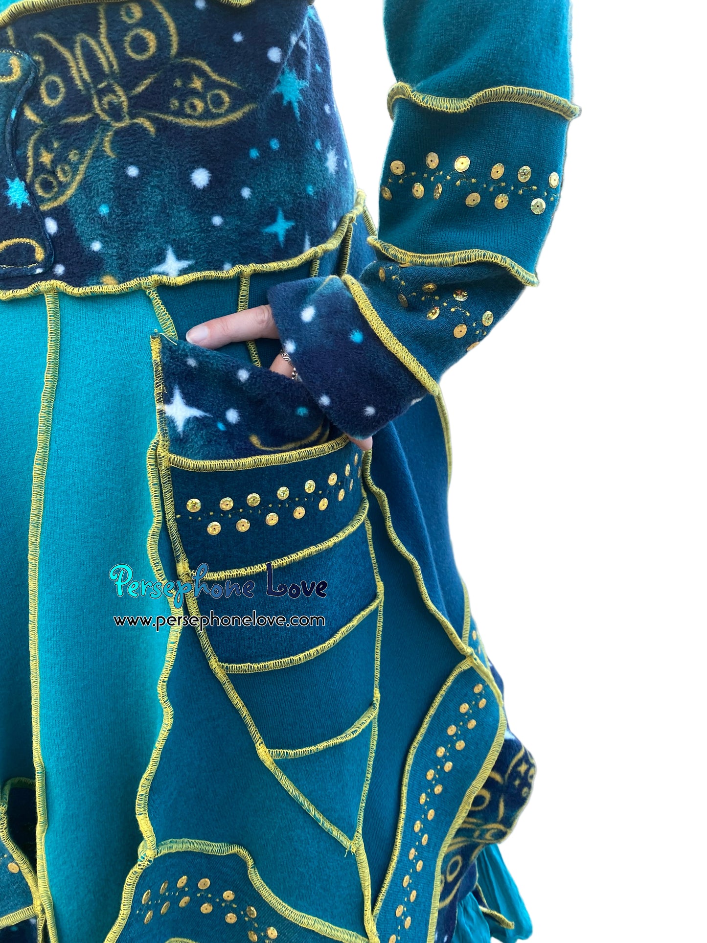"Monarch" Teal pixie felted cashmere/fleece Katwise-inspired sequin sweatercoat-2588