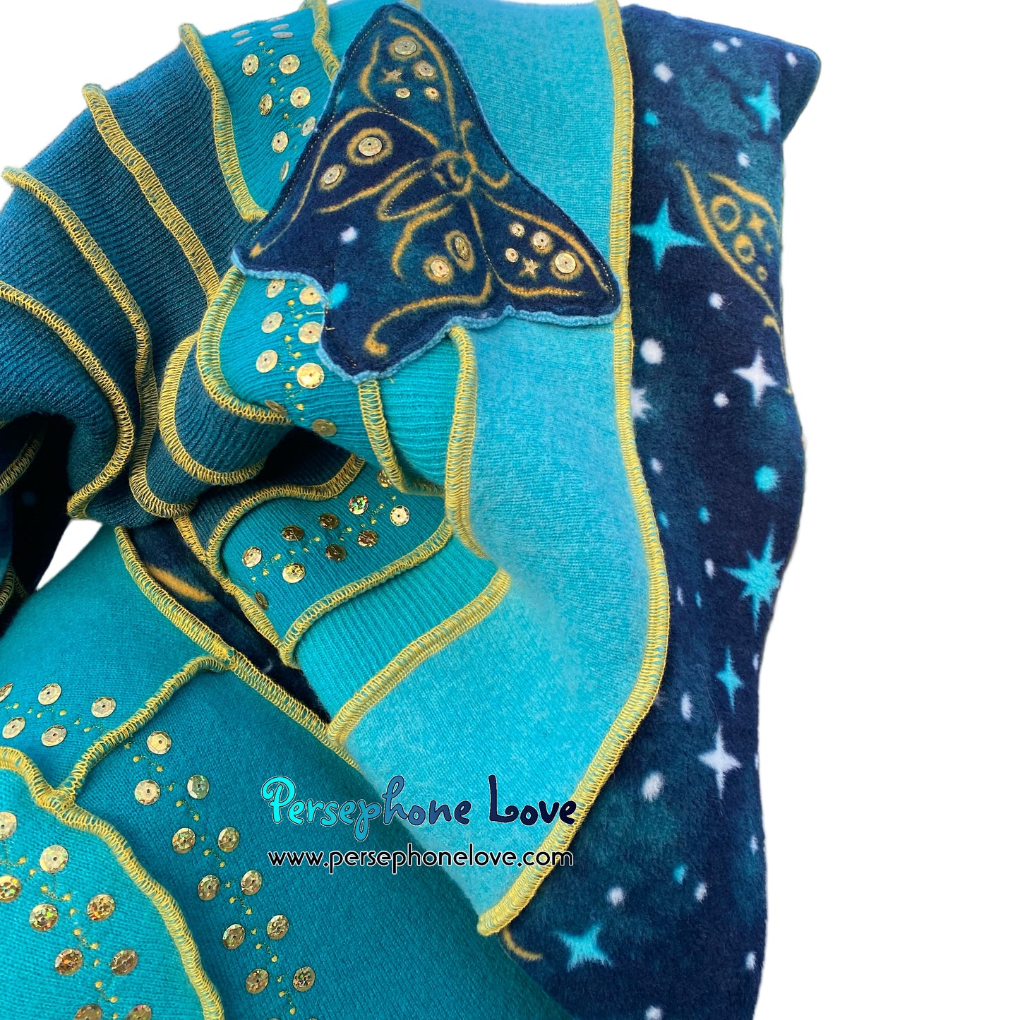 "Monarch" Teal pixie felted cashmere/fleece Katwise-inspired sequin sweatercoat-2588