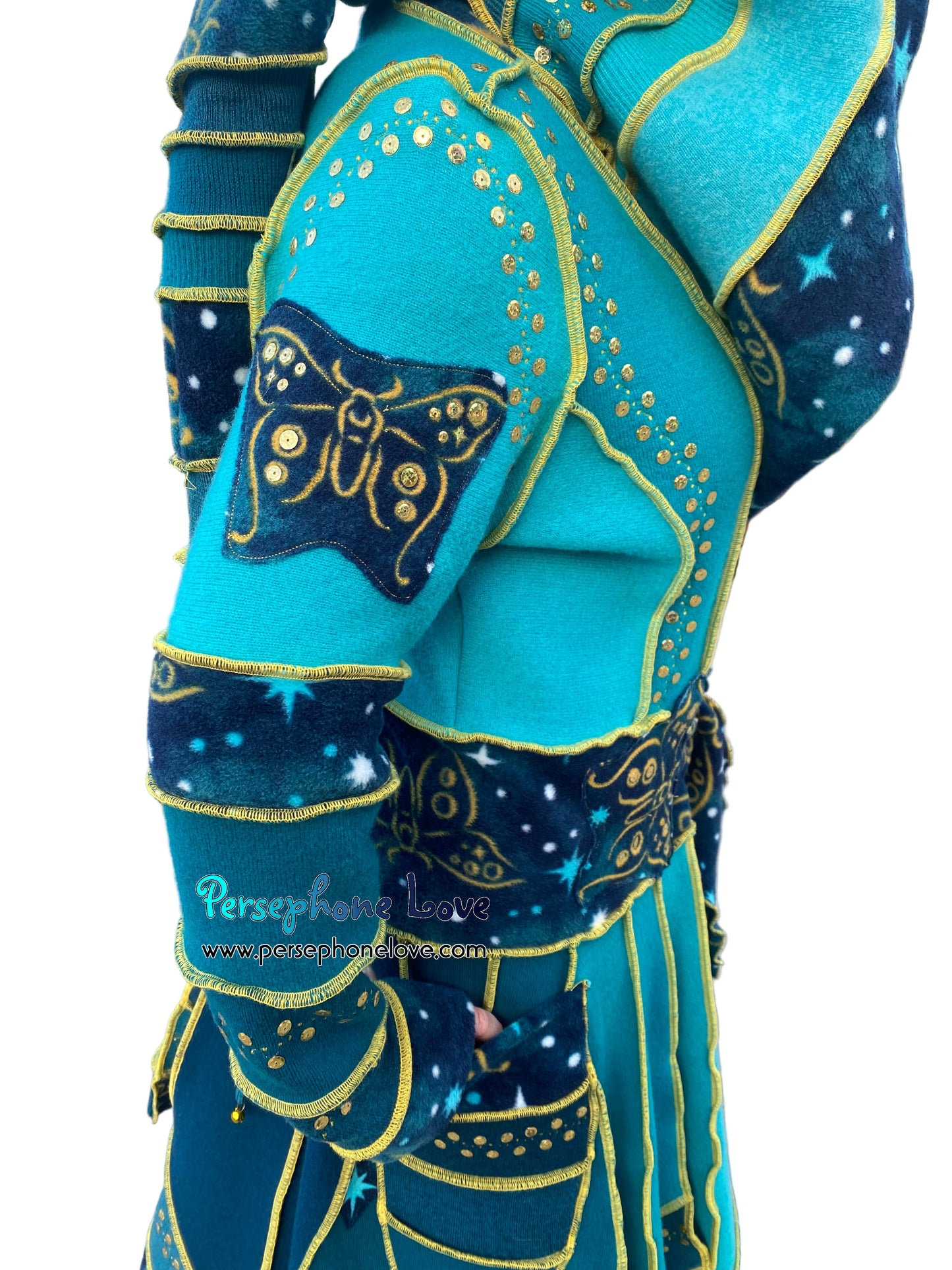 "Monarch" Teal pixie felted cashmere/fleece Katwise-inspired sequin sweatercoat-2588