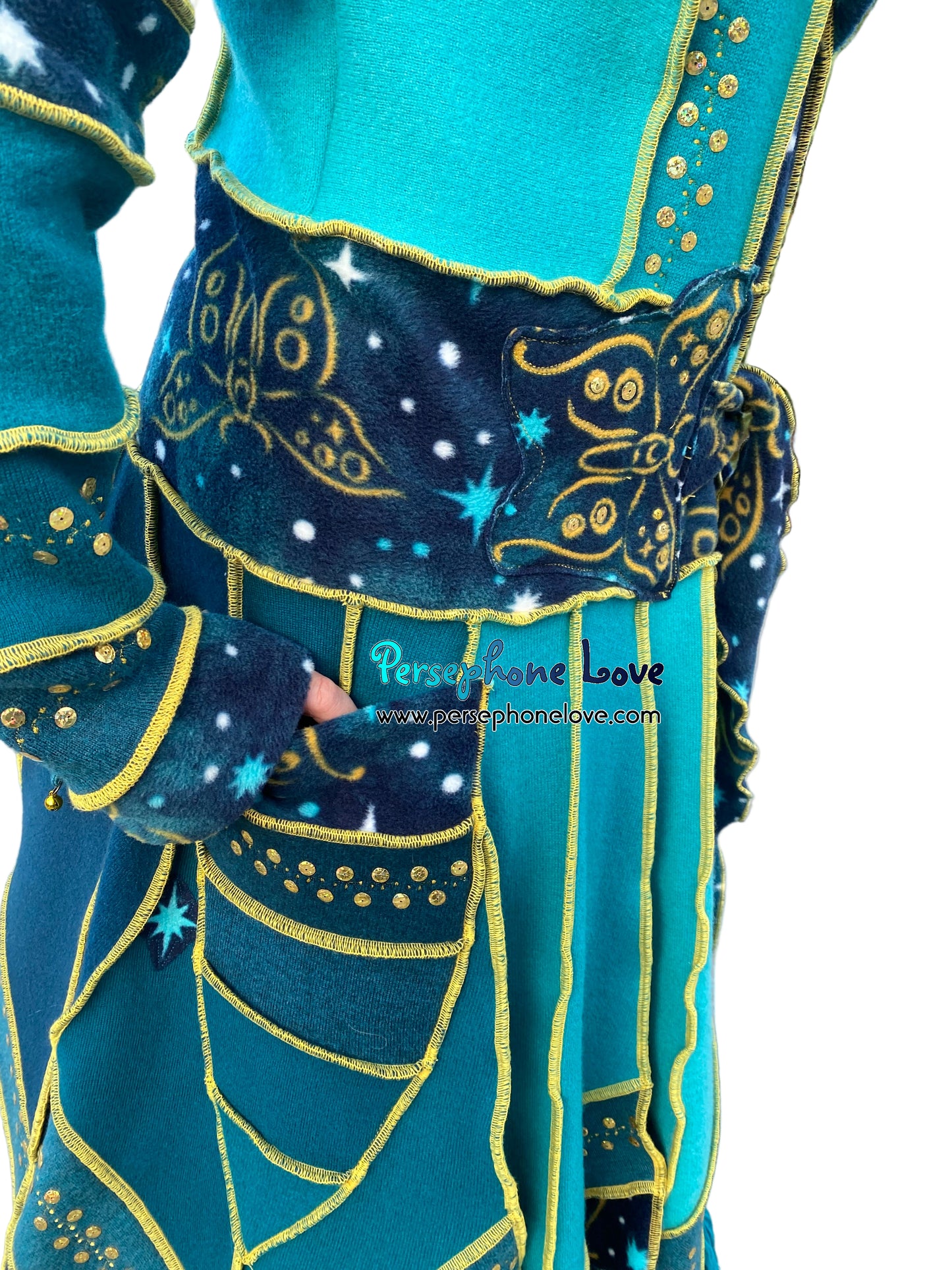 "Monarch" Teal pixie felted cashmere/fleece Katwise-inspired sequin sweatercoat-2588