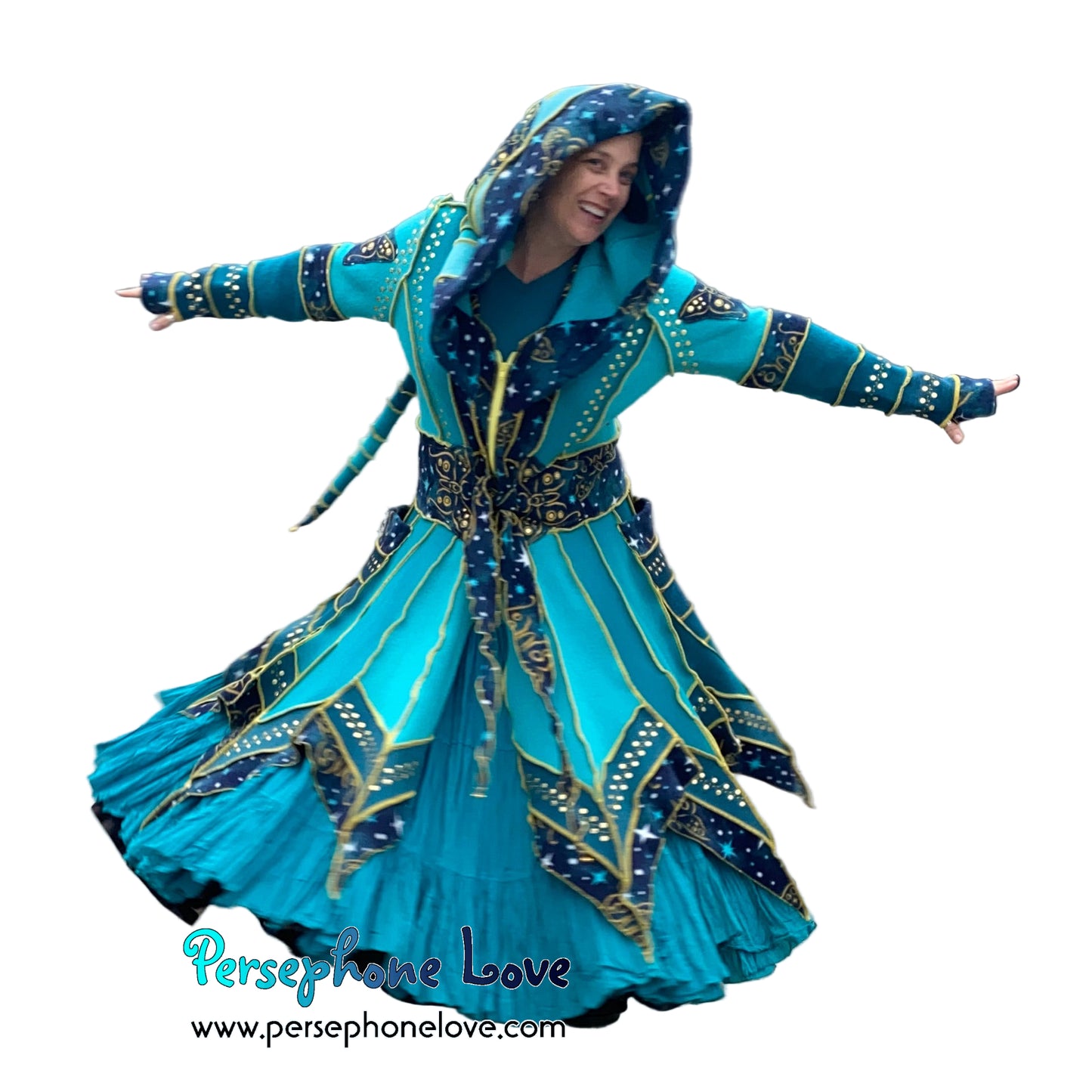 "Monarch" Teal pixie felted cashmere/fleece Katwise-inspired sequin sweatercoat-2588