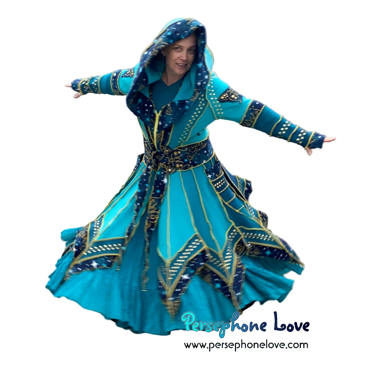 "Monarch" Teal pixie felted cashmere/fleece Katwise-inspired sequin sweatercoat-2588