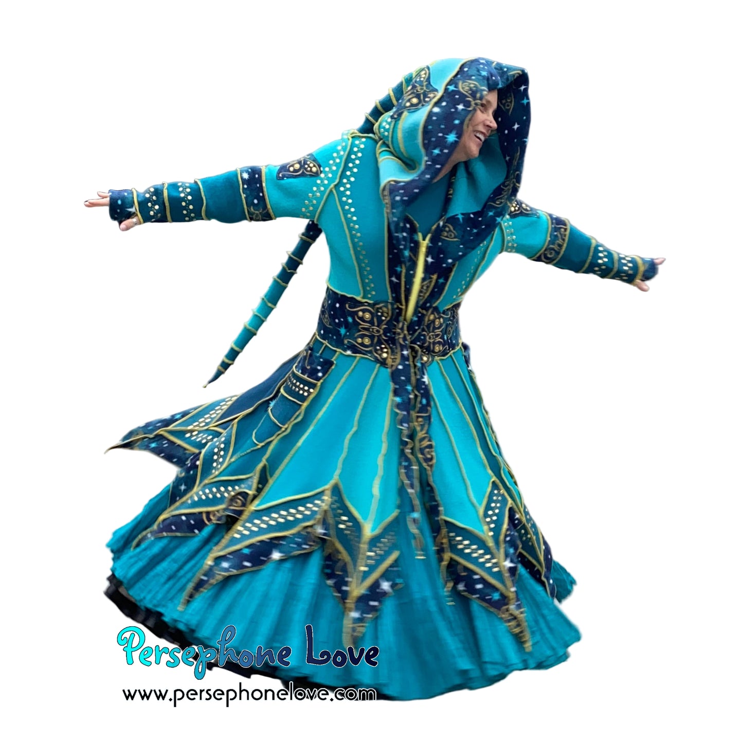 "Monarch" Teal pixie felted cashmere/fleece Katwise-inspired sequin sweatercoat-2588