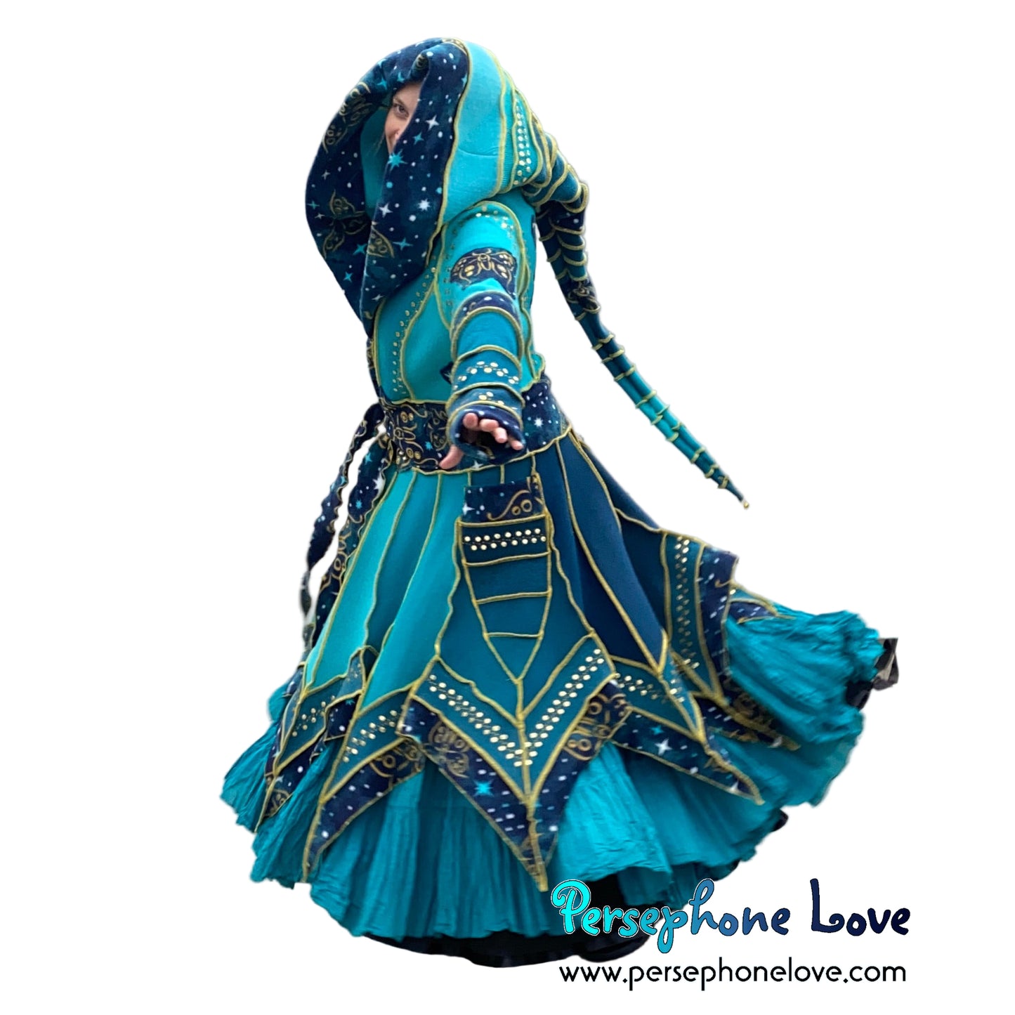 "Monarch" Teal pixie felted cashmere/fleece Katwise-inspired sequin sweatercoat-2588