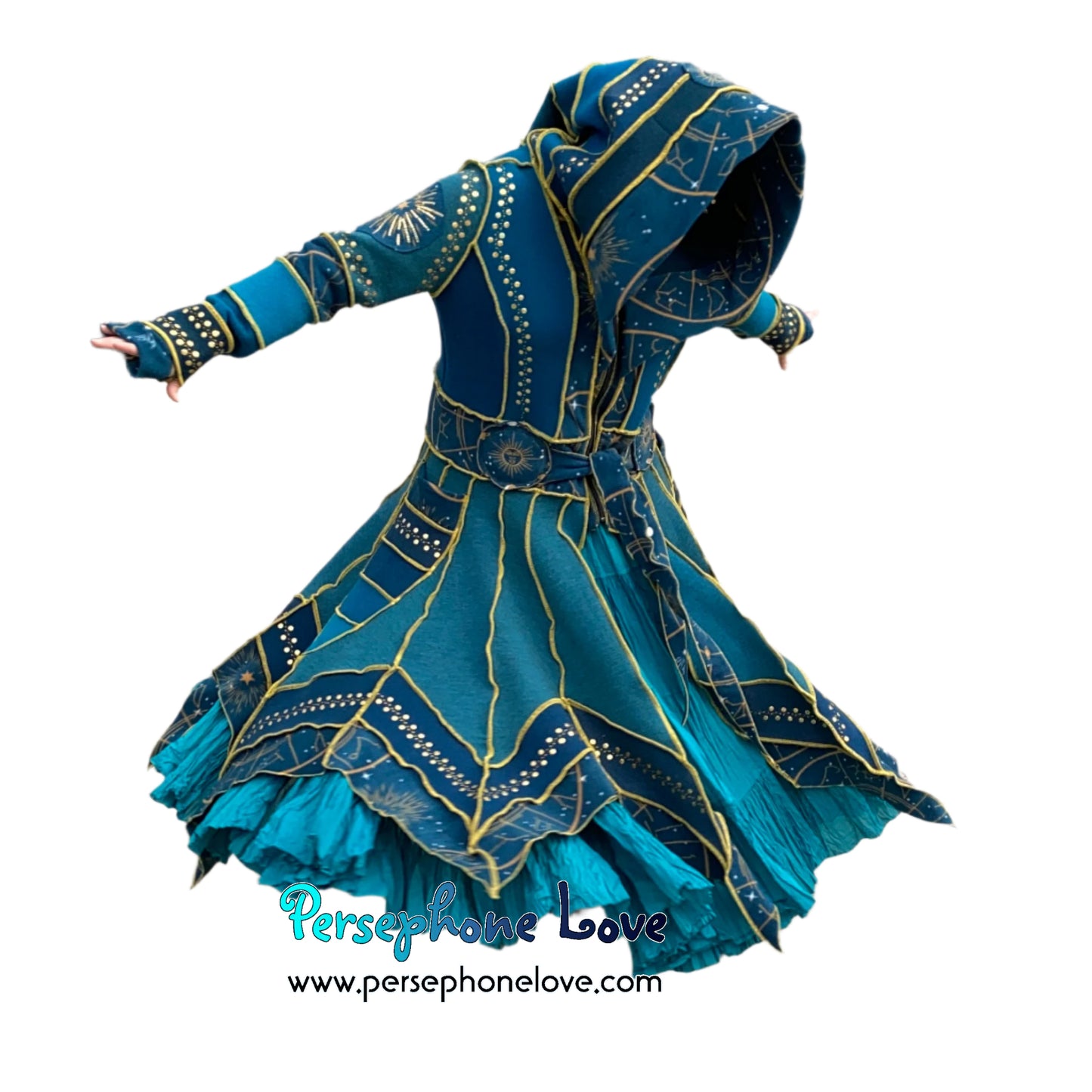 "Vorozhyla" Teal pixie felted cashmere/fleece Katwise-inspired sequin sweatercoat-2589