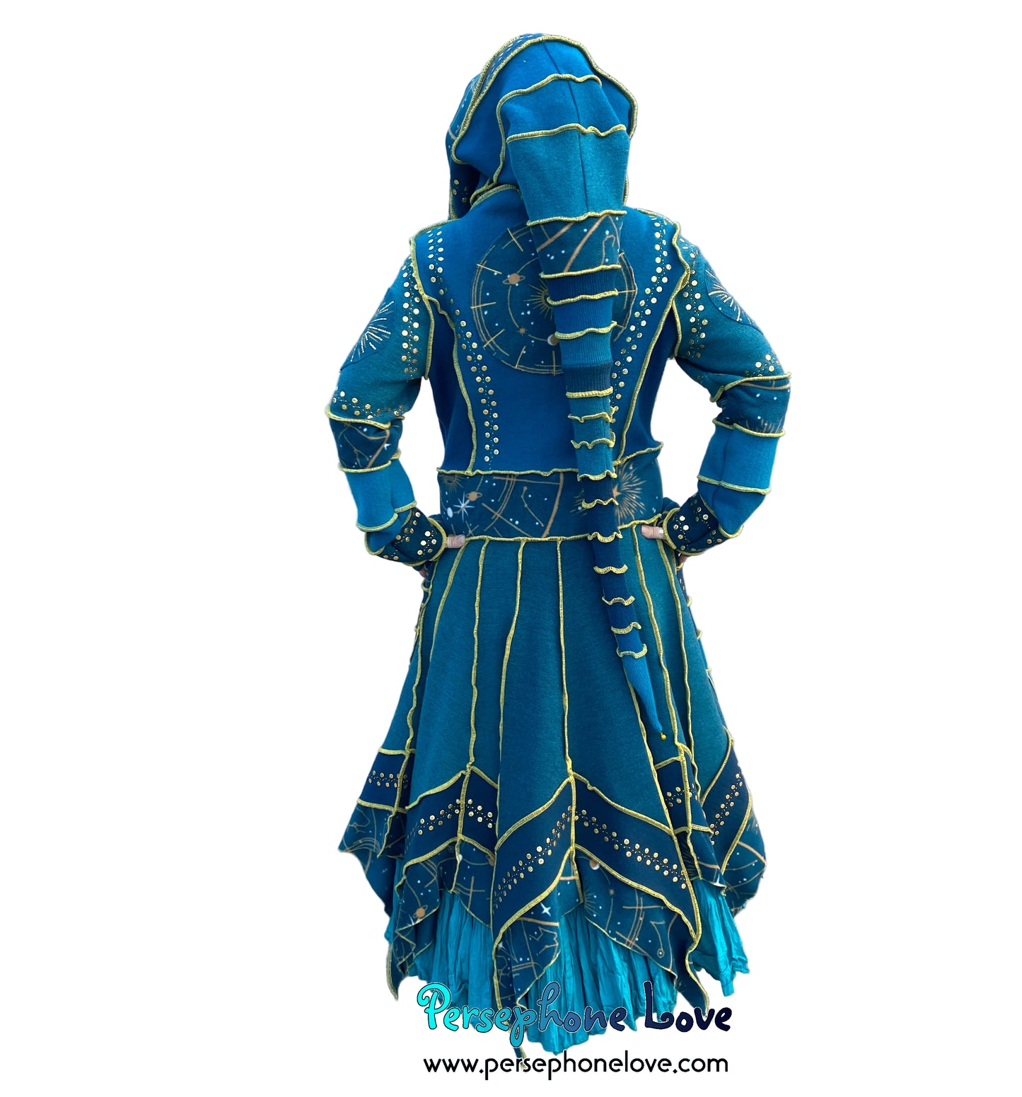 "Vorozhyla" Teal pixie felted cashmere/fleece Katwise-inspired sequin sweatercoat-2589