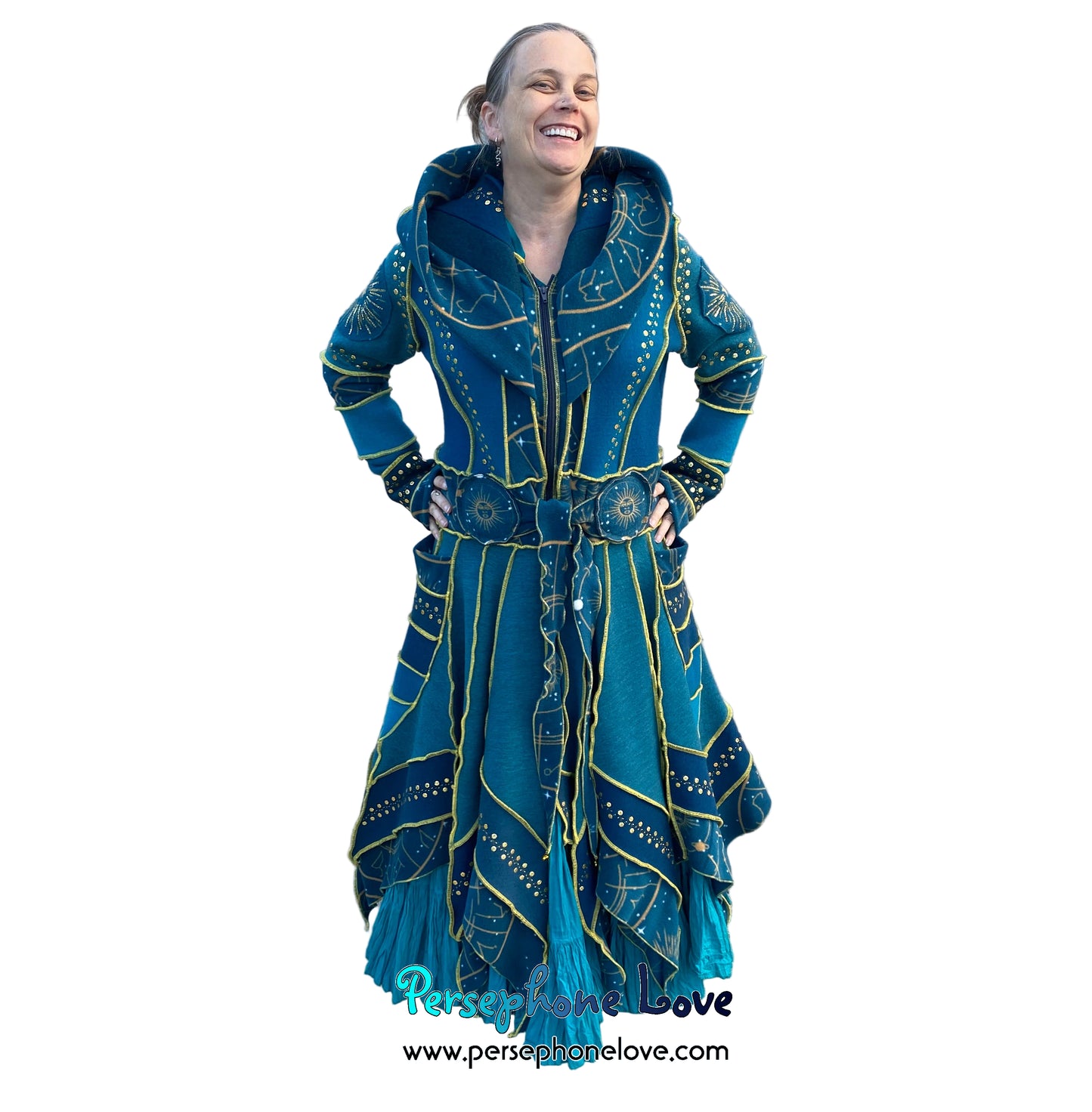"Vorozhyla" Teal pixie felted cashmere/fleece Katwise-inspired sequin sweatercoat-2589