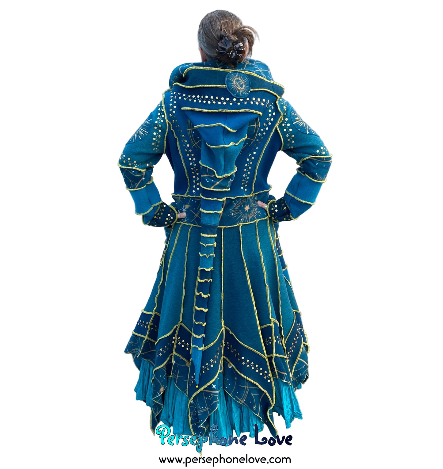 "Vorozhyla" Teal pixie felted cashmere/fleece Katwise-inspired sequin sweatercoat-2589