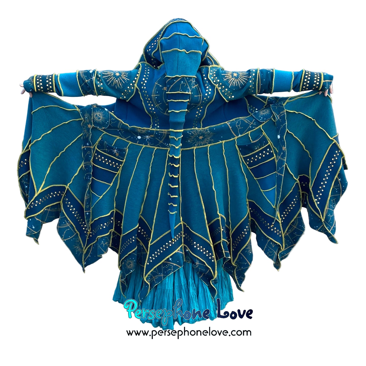 "Vorozhyla" Teal pixie felted cashmere/fleece Katwise-inspired sequin sweatercoat-2589