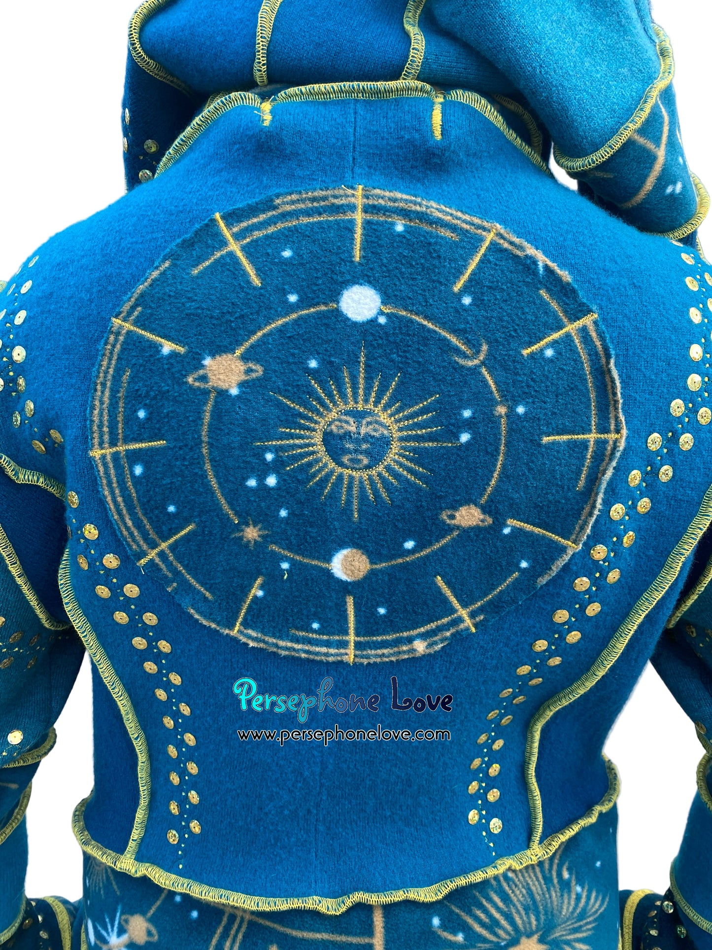 "Vorozhyla" Teal pixie felted cashmere/fleece Katwise-inspired sequin sweatercoat-2589