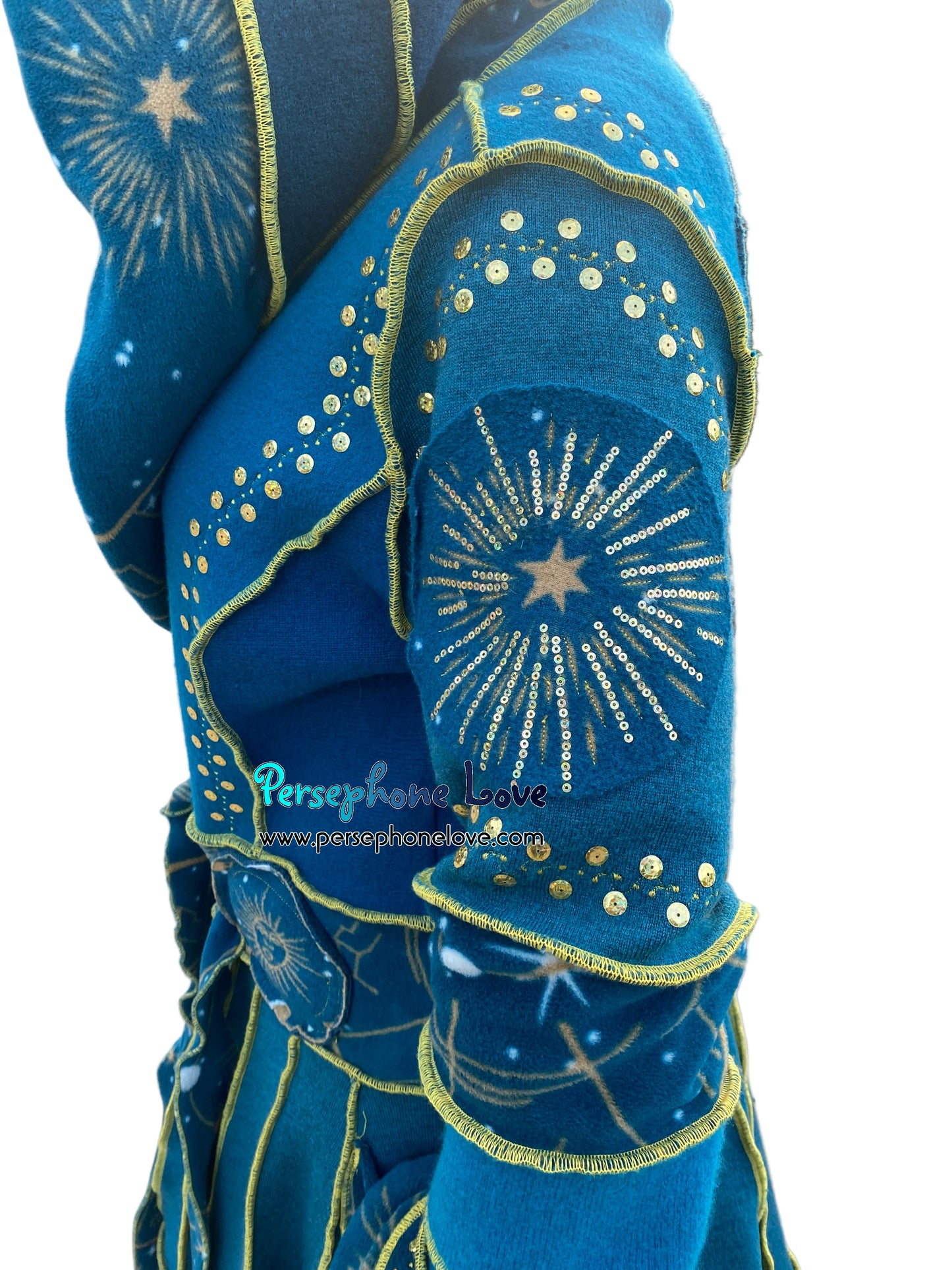 "Vorozhyla" Teal pixie felted cashmere/fleece Katwise-inspired sequin sweatercoat-2589