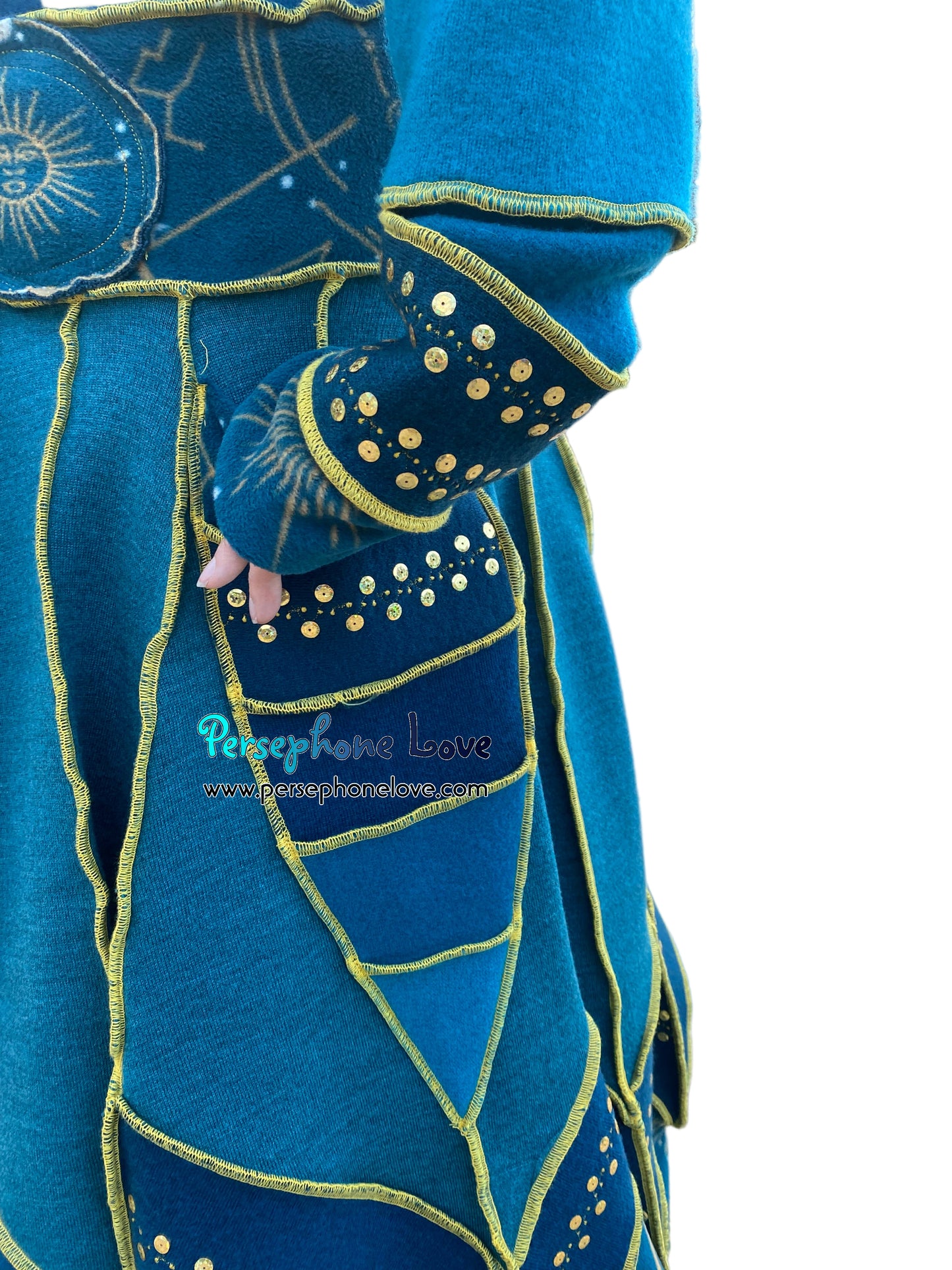 "Vorozhyla" Teal pixie felted cashmere/fleece Katwise-inspired sequin sweatercoat-2589