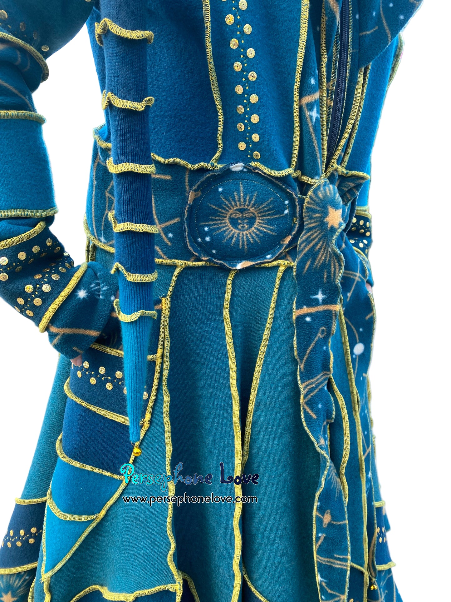 "Vorozhyla" Teal pixie felted cashmere/fleece Katwise-inspired sequin sweatercoat-2589