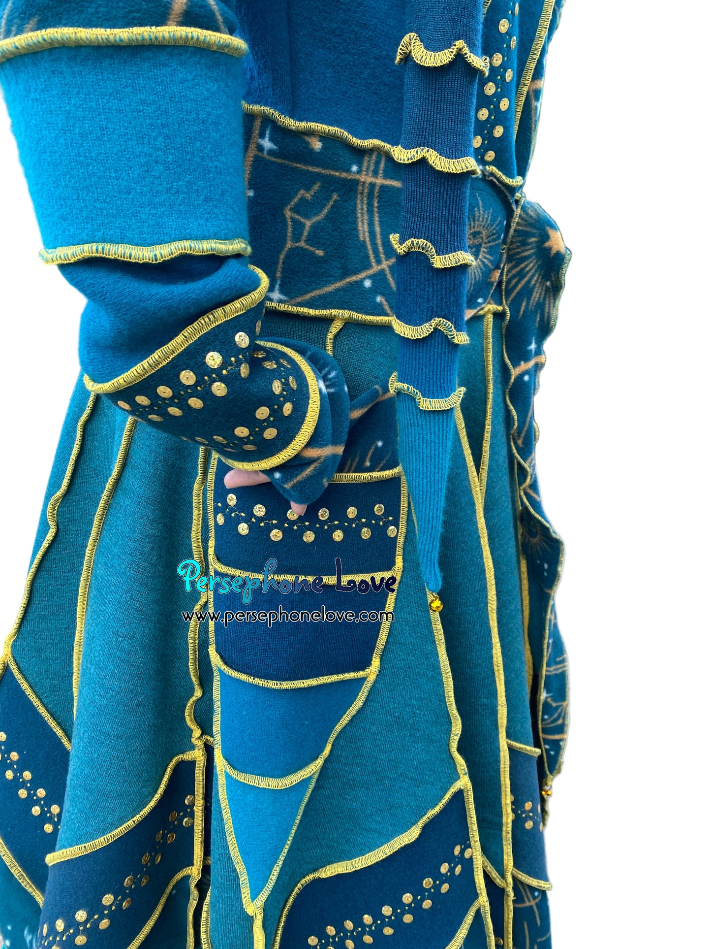 "Vorozhyla" Teal pixie felted cashmere/fleece Katwise-inspired sequin sweatercoat-2589