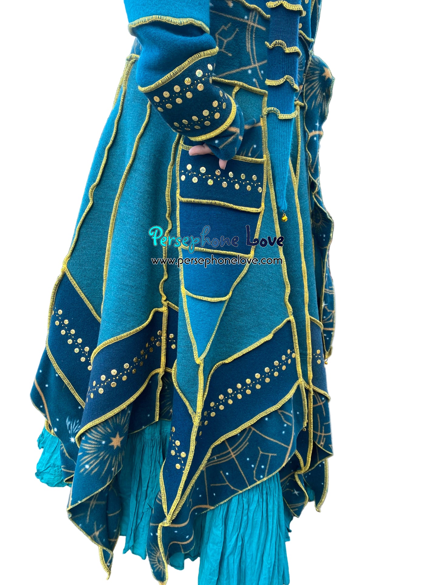"Vorozhyla" Teal pixie felted cashmere/fleece Katwise-inspired sequin sweatercoat-2589