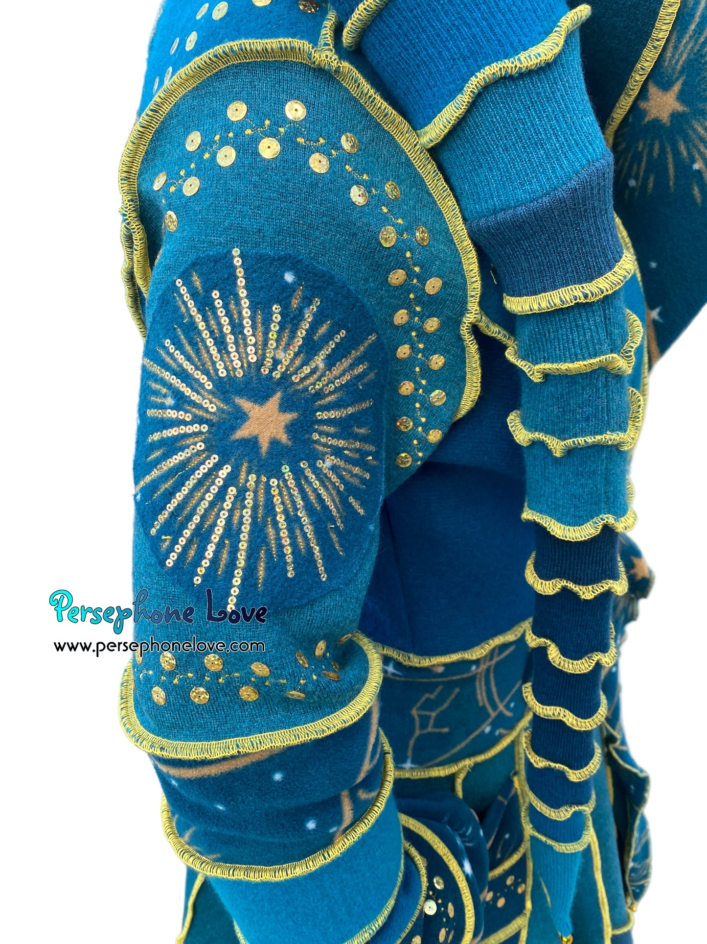 "Vorozhyla" Teal pixie felted cashmere/fleece Katwise-inspired sequin sweatercoat-2589