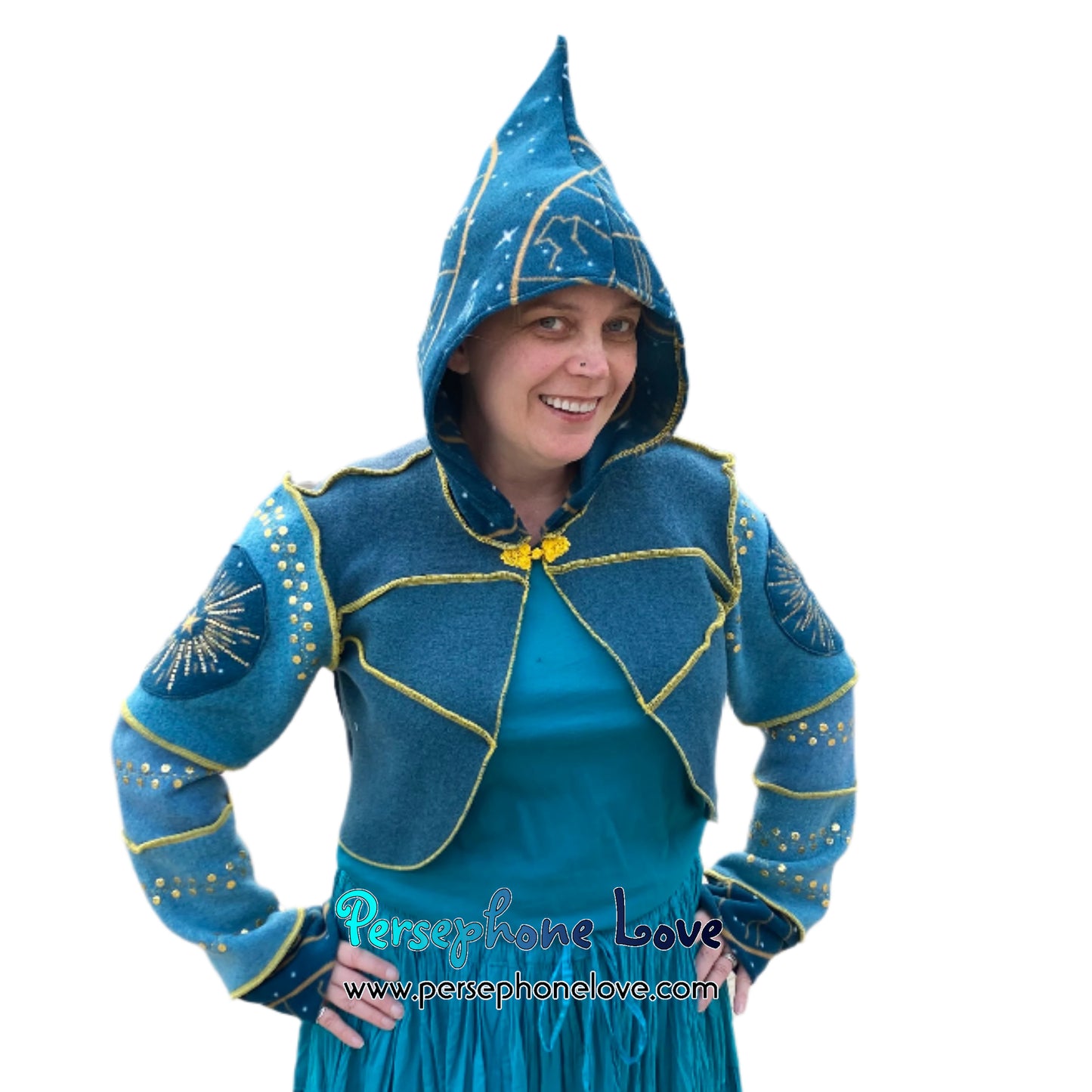 "Sun Goddess" Teal pixie felted cashmere/fleece sequin hooded bolero-2590