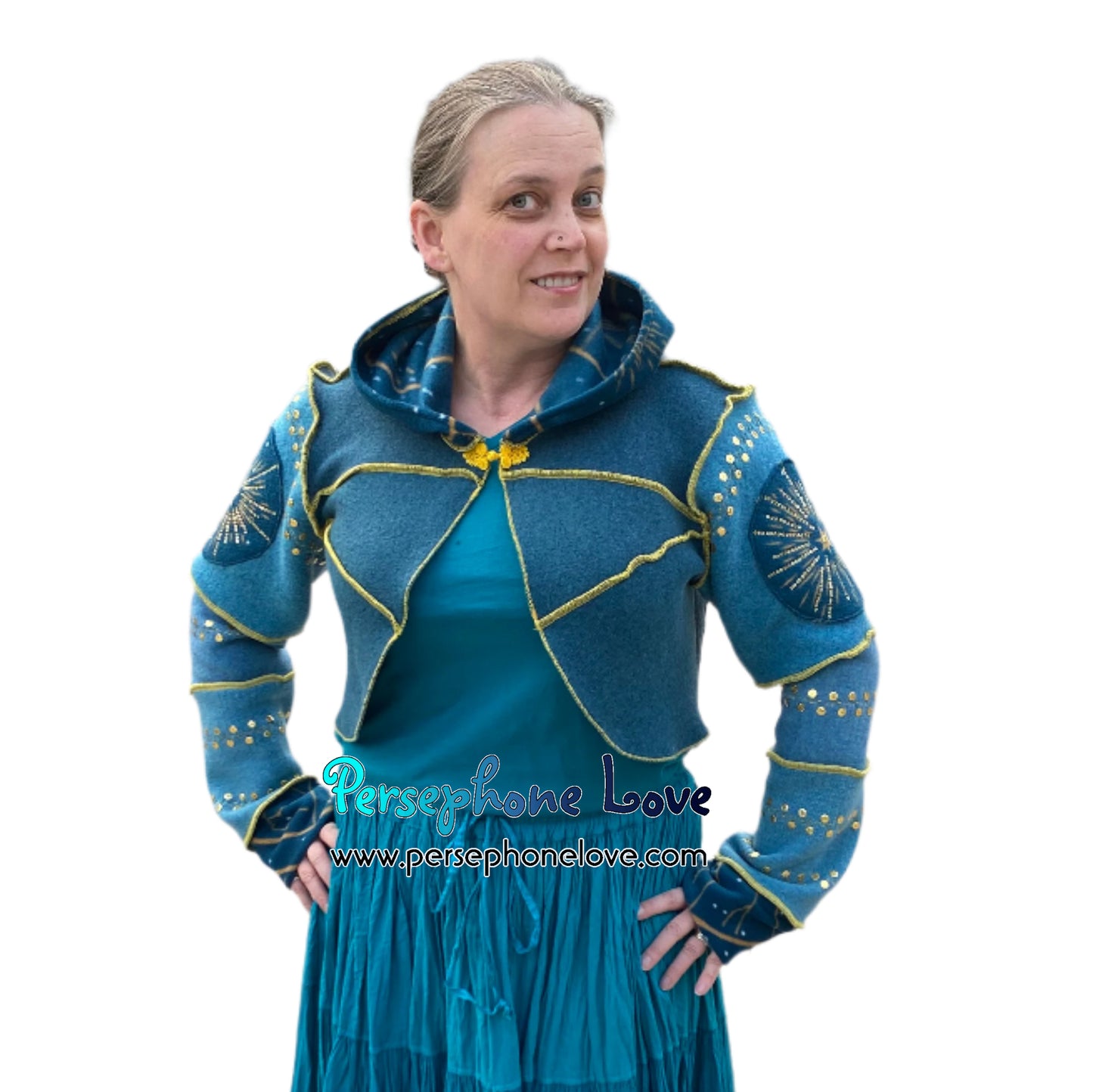 "Sun Goddess" Teal pixie felted cashmere/fleece sequin hooded bolero-2590