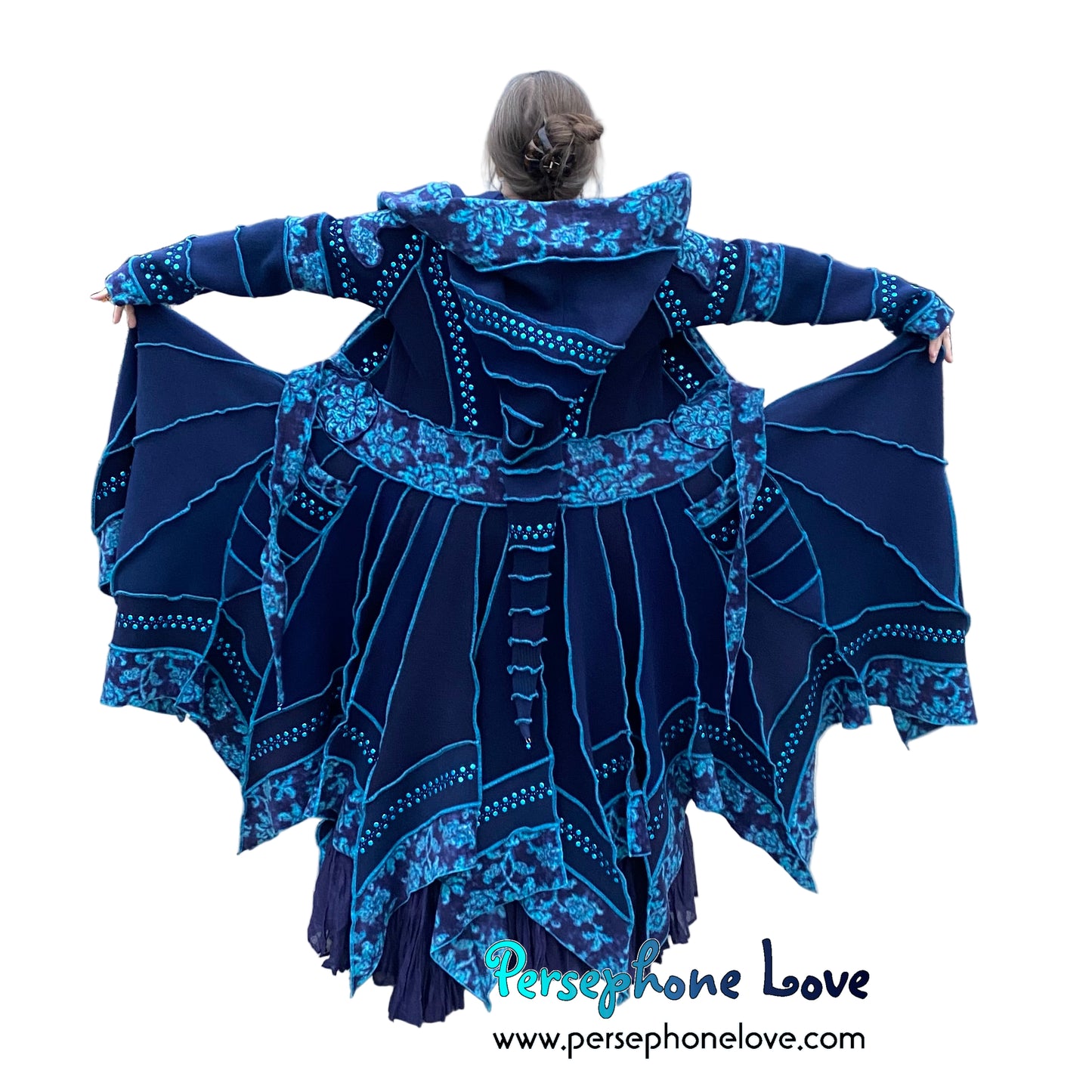"IDORU" Blue teal pixie felted cashmere/fleece Katwise-inspired sequin sweatercoat-2592