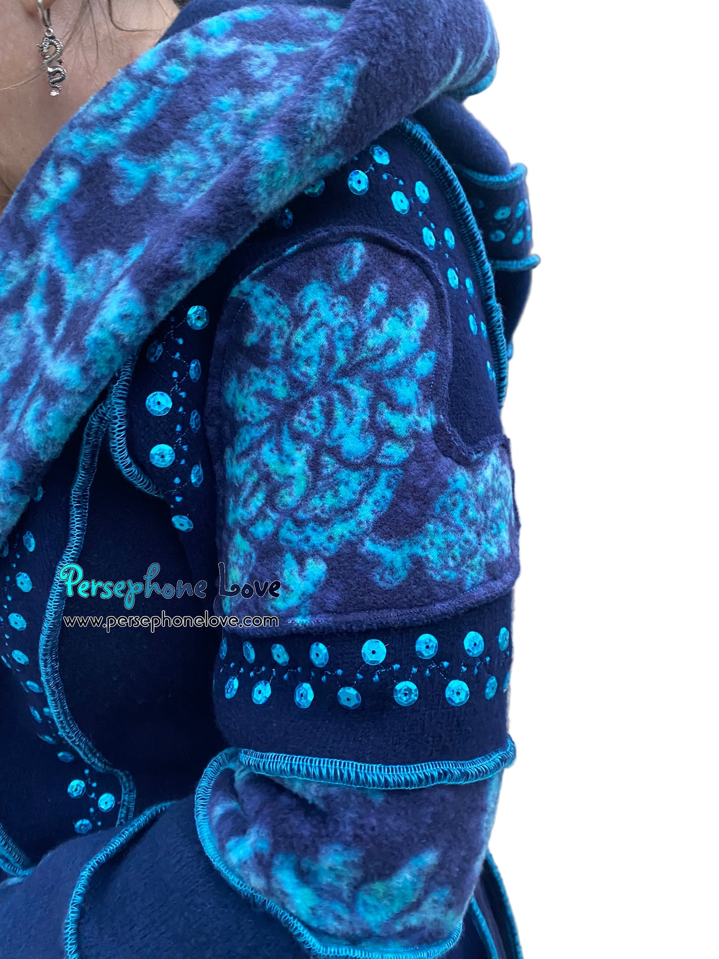 "IDORU" Blue teal pixie felted cashmere/fleece Katwise-inspired sequin sweatercoat-2592