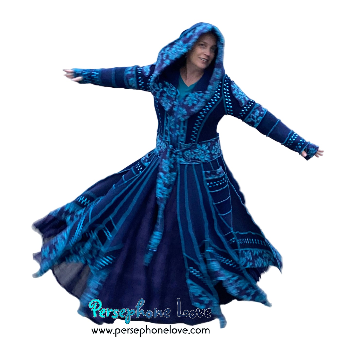 "IDORU" Blue teal pixie felted cashmere/fleece Katwise-inspired sequin sweatercoat-2592
